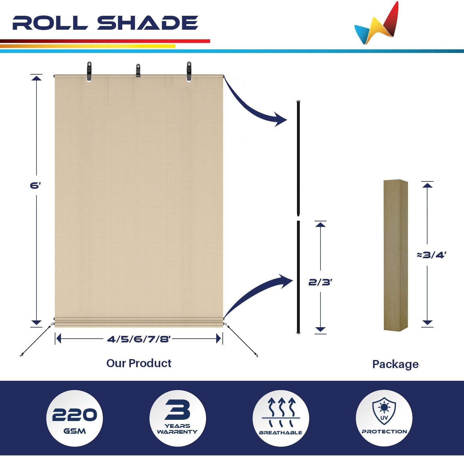 Windscreen4less Outdoor Shade Blinds Patio Roll Up Blackout Shades Exterior Roller Privacy Screen for Pergola Balcony Porch Carport Deck Window, 6' W x 9' L Beige