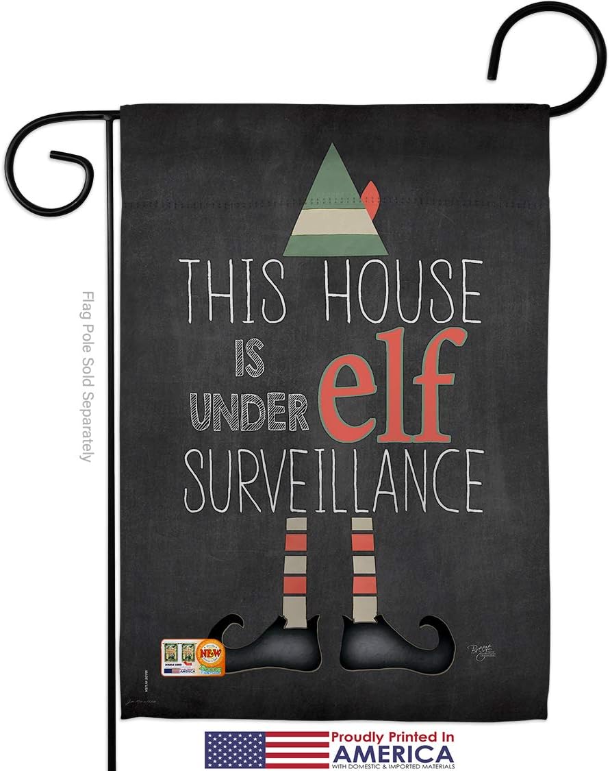 Elf Surveillance Garden Flag Set with Stand Wintertime Christmas Santa Marry Xmas Present Reindeer Season Snow Small Decorative Gift Yard House Banner Made In USA 13 X 18.5