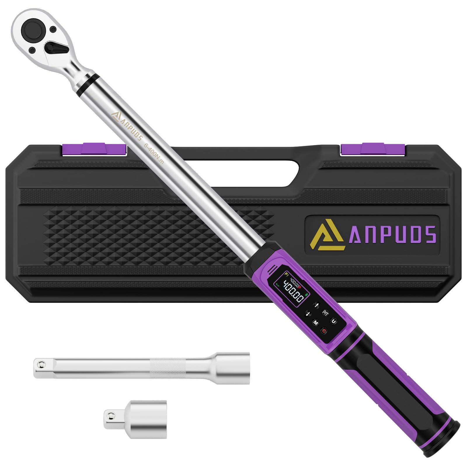 ANPUDS Digitaler Drehmomentschlüssel 1/2 Zoll, 6-400Nm, ±1% Genauigkeit | Elektronischer Drehmomentschlüssel Auto Set with 3/8" to 1/2" Adapter, 125mm Verlängerungsstange für Motorrad & Auto