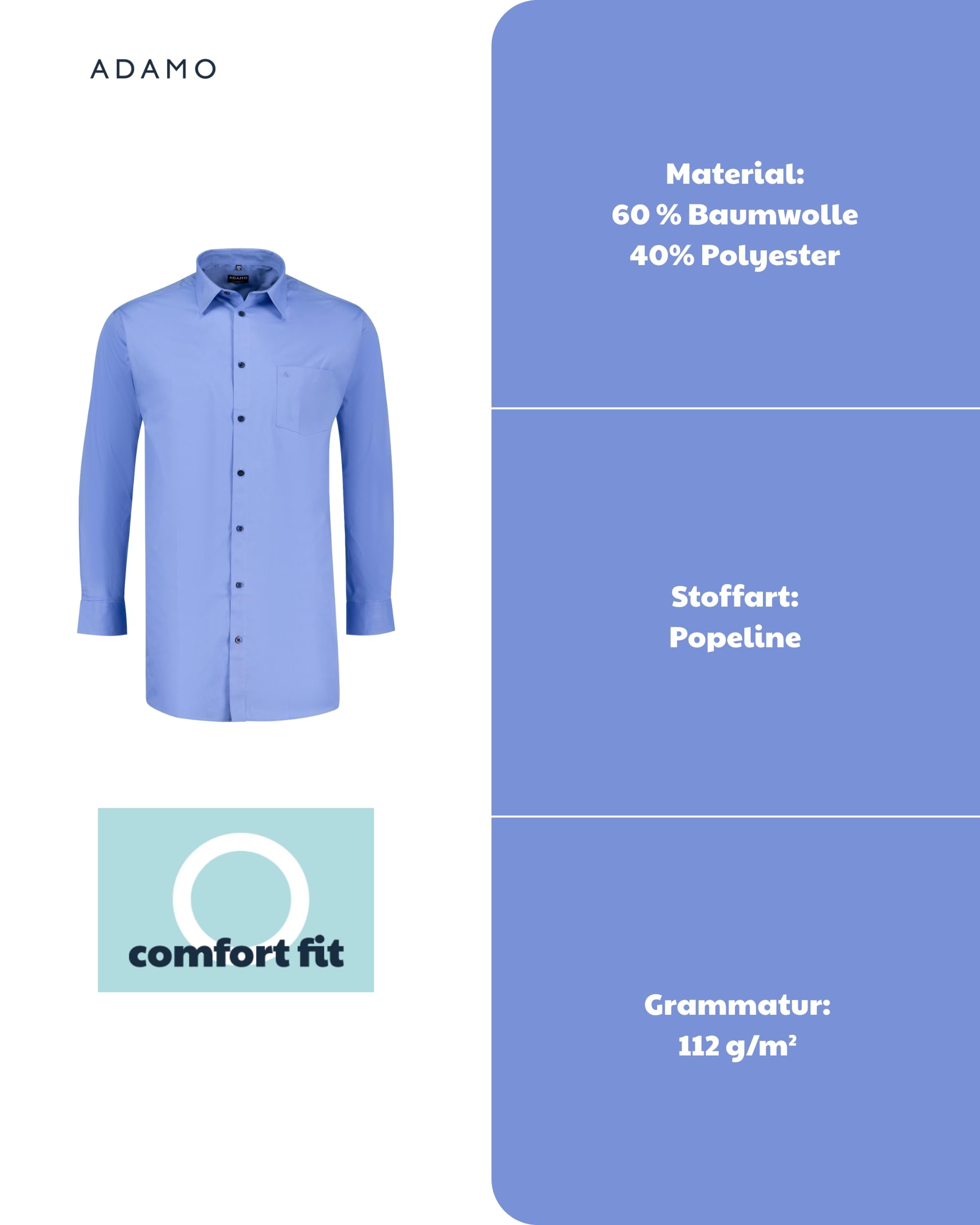 ADAMO Herren Businesshemd Langarm Comfort FIT Übergrößen 2XL-14XL