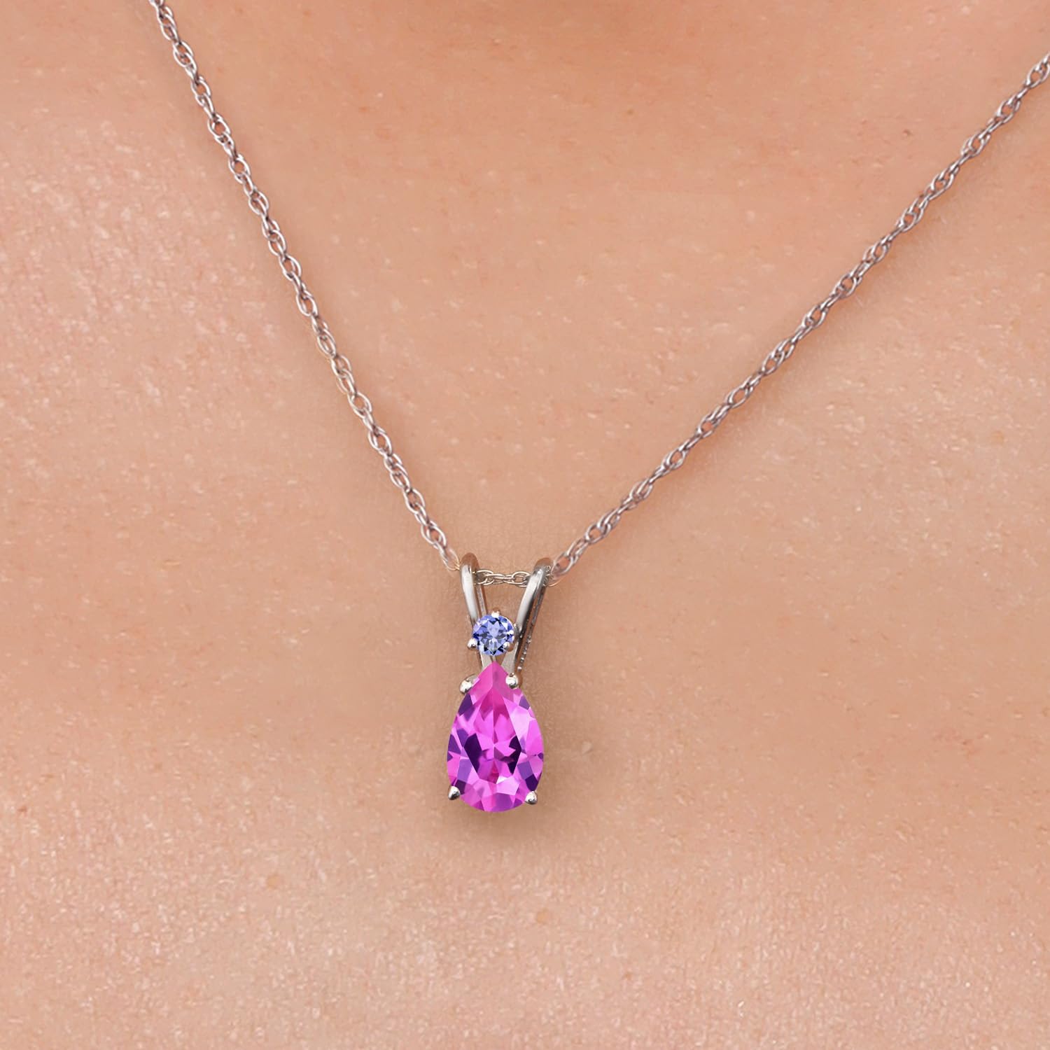 Gem Stone King 14K White Gold Pink Created Sapphire and Blue Tanzanite Pendant Necklace for Women | 1.04 Cttw | Gemstone September Birthstone | Pear Shape 7X5MM | With 18 Inch Chain - Image 3