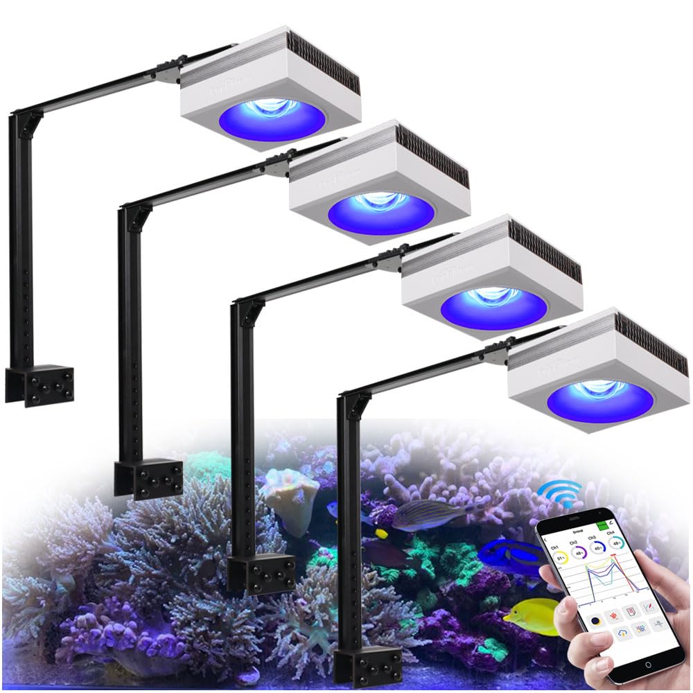 PopBloom RL90 WiFi LED Aquarium Light installed over a vibrant reef tank, controlled by a smartphone app.