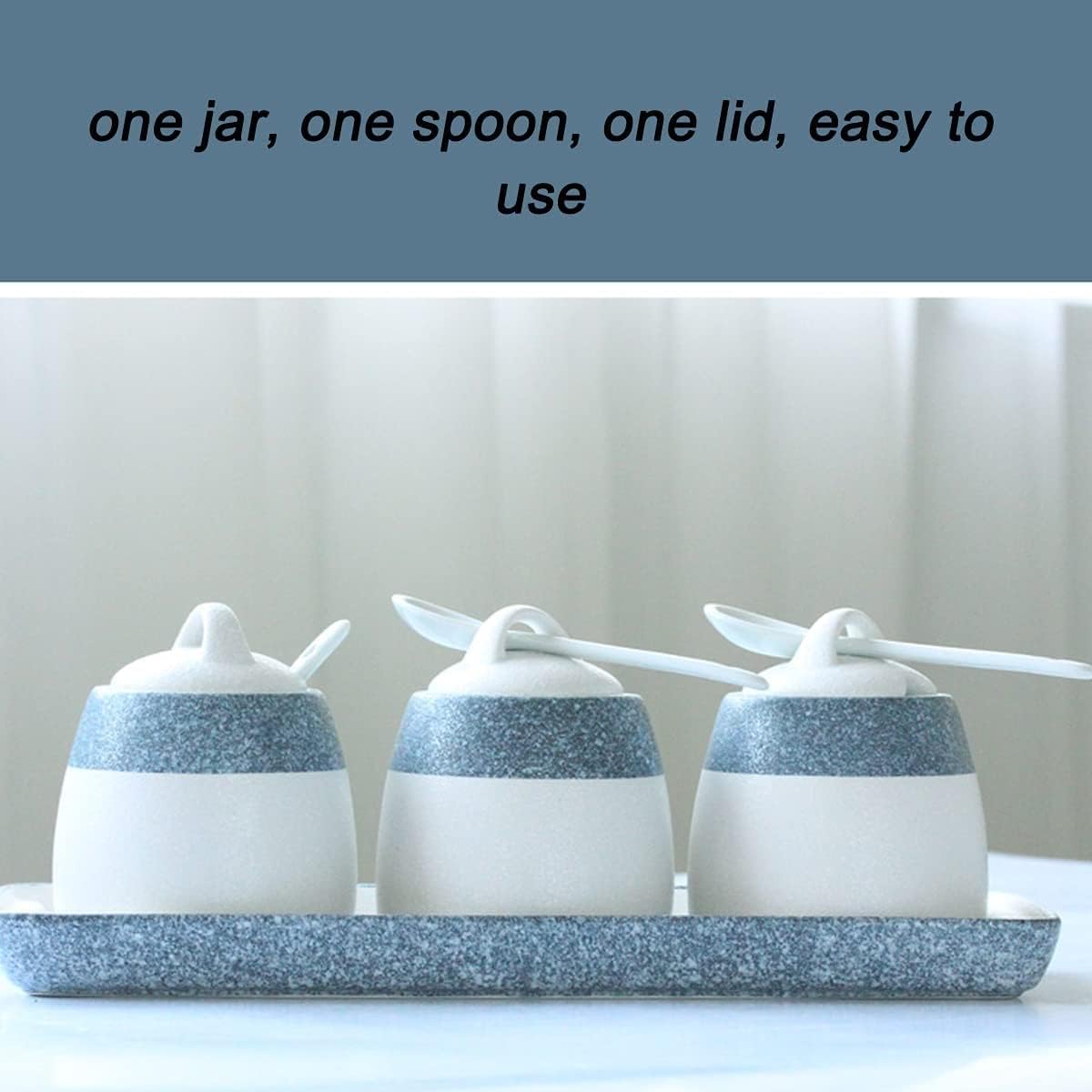 Condiment Pots Seasoning Box Retro Ceramics Sugar Bowl with Lids Spoons and Tray 8Oz, Set of 3