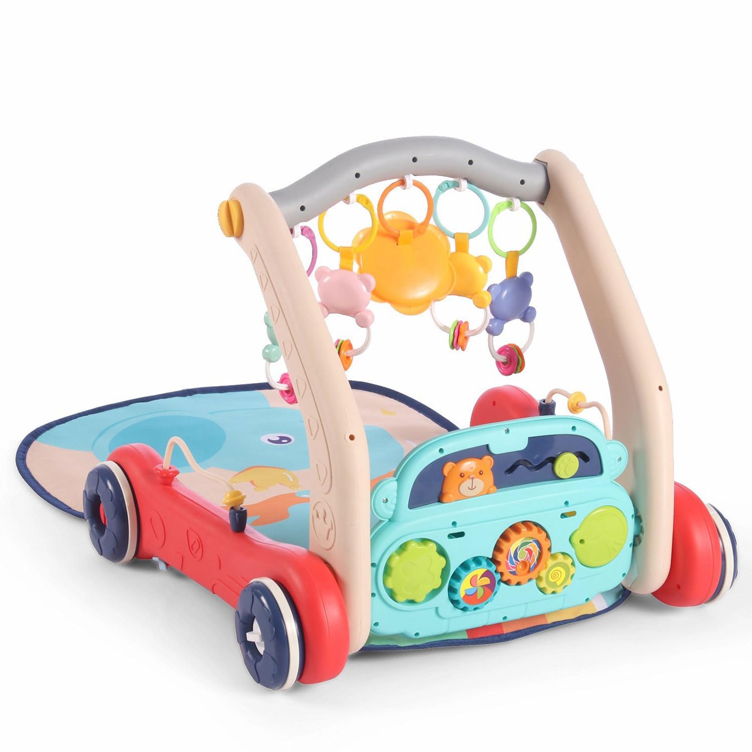 TOYIQ 5-in-1 Baby Piano Gym Mat – Infant Music Fitness Rack & Rattle Toy Set – Early Learning Play & Crawling Mat with Hanging Toys – Educational Activity Center for Babies (Multicolor, Blue) (2-in-1Gym & Push Walker) 1