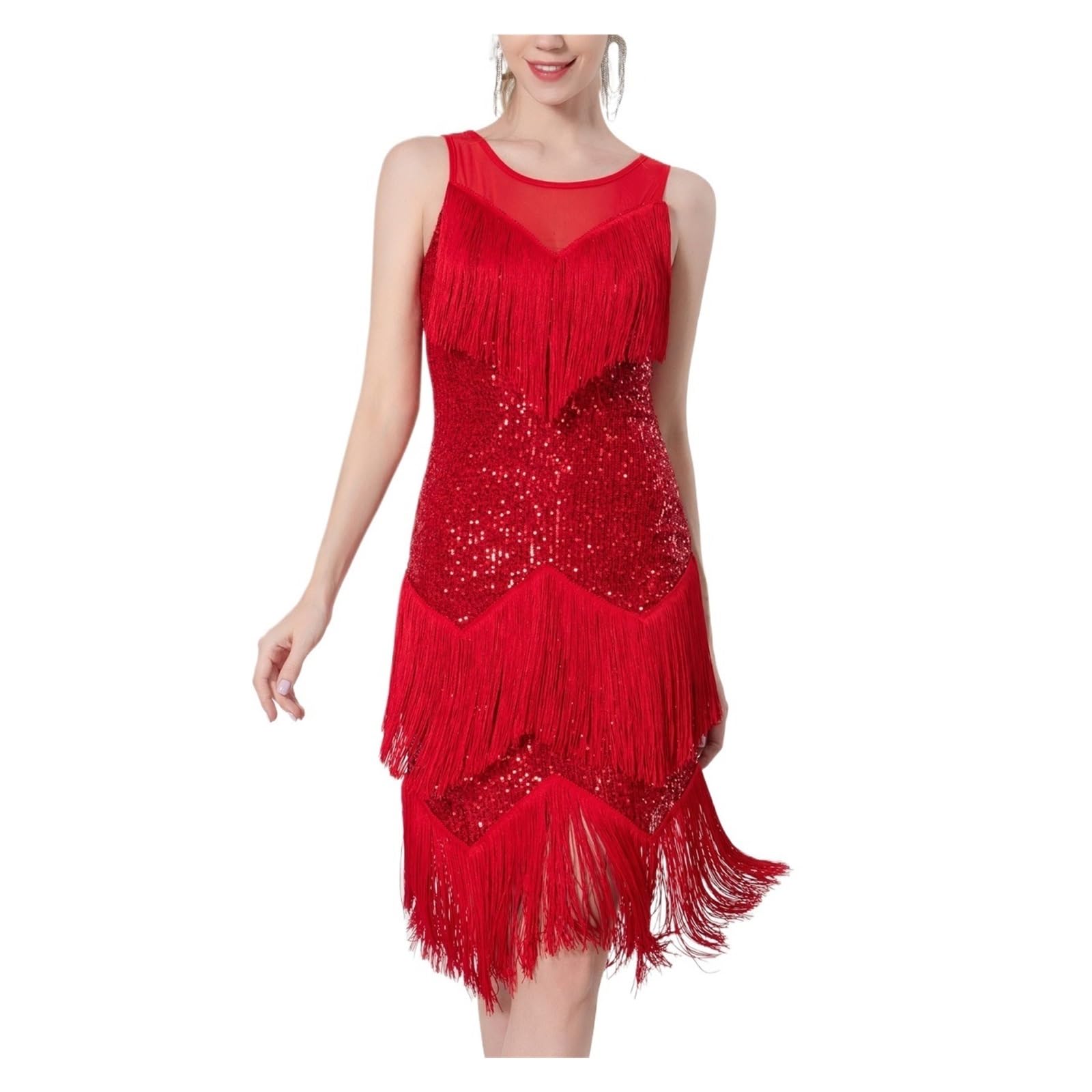 HWJFDC Tassel Dress Latin Dance Set Ballroom Women Dance Competition Dress Fringe Latin Dancing Costume Tango Salsa Sparkling Shiny Exquisite Sequin(Red,S)