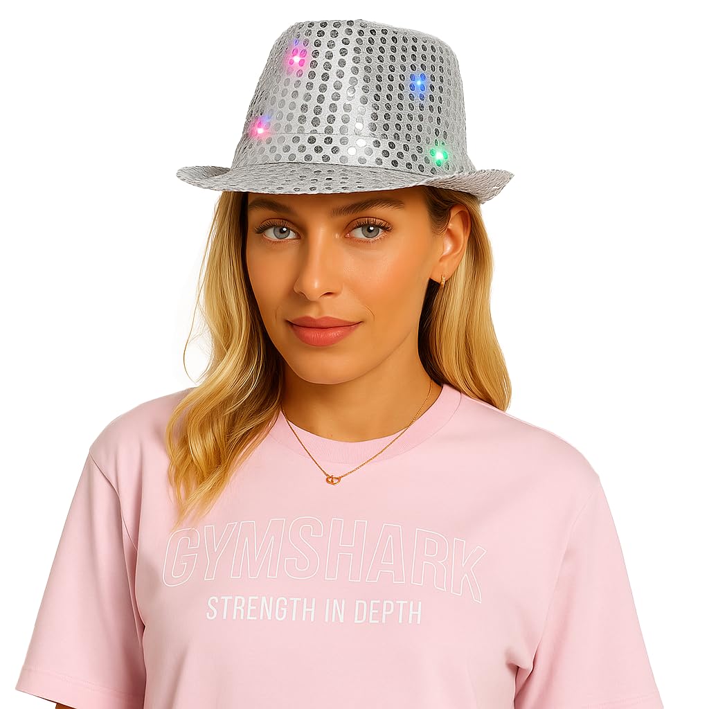 The Fancy Dress® Adult LED Light Up Sequin Trilby Hat, Women Men Multi-Function Fedora Flashing Jazz Hat Cowboy Hat Performance Props Party & Carnival Fancy Dress Up Hats Unisex, Silver — image 1