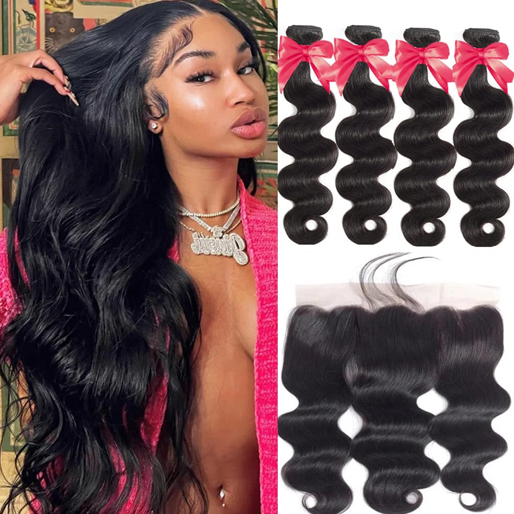 Brazilian Body Wave Bundles with Frontal (22 24 26 28+20 Frontal) 13×4 Ear to Ear Lace Frontal Closure with 4 Bundles 100% Brazilian Virgin Human Hair