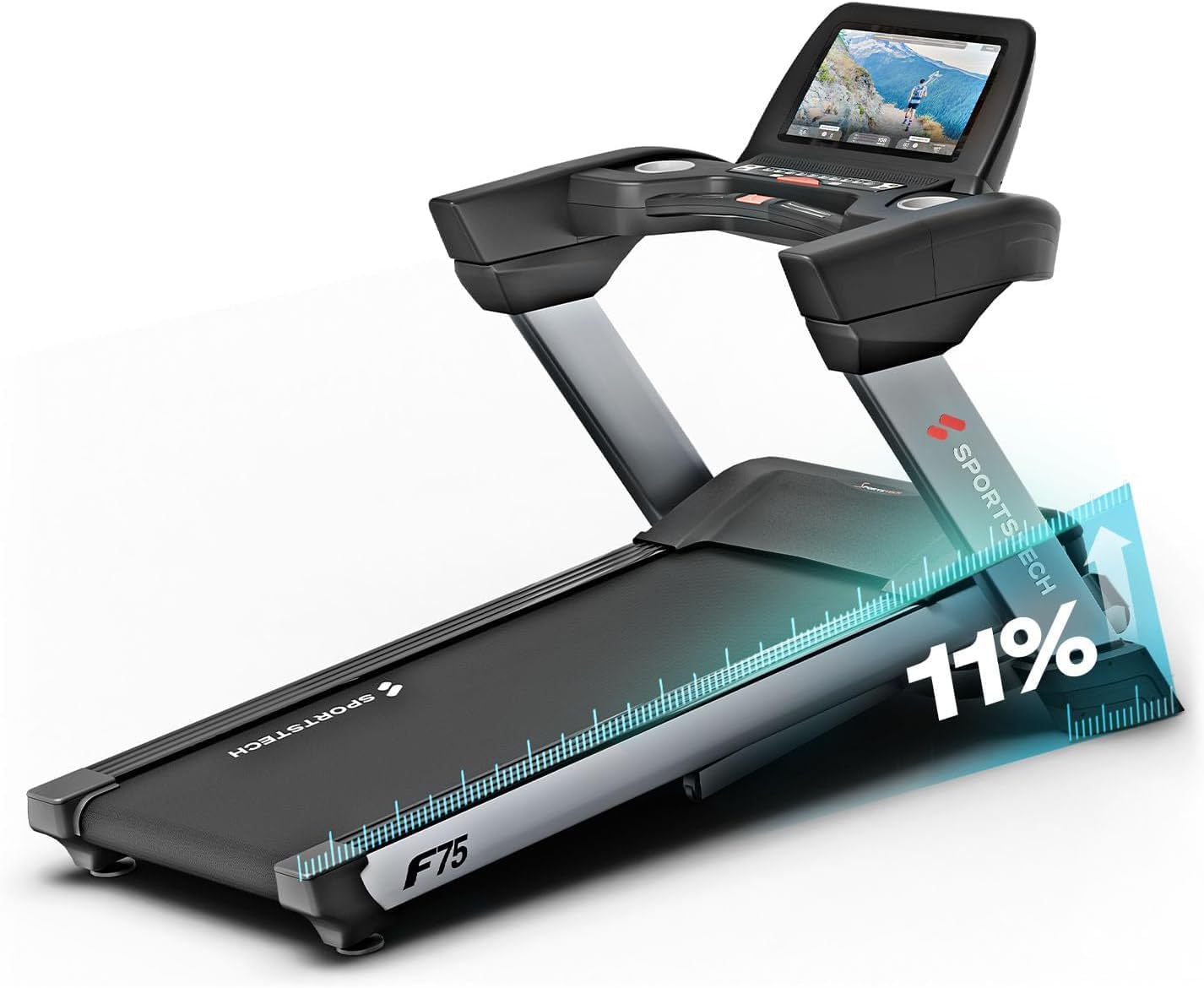 Sportstech F75 High-End Treadmill With Large Running Surface 580x600mm, Android 15,6" Display, WiFi, USB, 4HP, 18% Inclined With Damping System Up To 150Kg - with heart rate belt