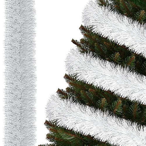 SPRINGOS Guirlande pour Sapin de Noël Bicolore Blanc Argenté 7 cm x 6 m - Boa Décoratif pour Arbre de Noël