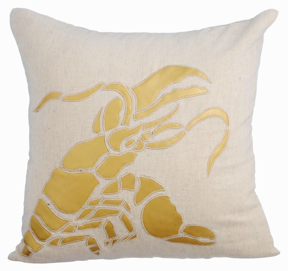 The HomeCentric Pack of 2, 55x55 cm (22"x22") Beige Throw Cushion Cover, Sea Creatures Ocean And Beach Theme Metallic Faux Leather Applique Cushion Cover, Cotton Linen Cushion Cover - Gold Lobster โ image 1