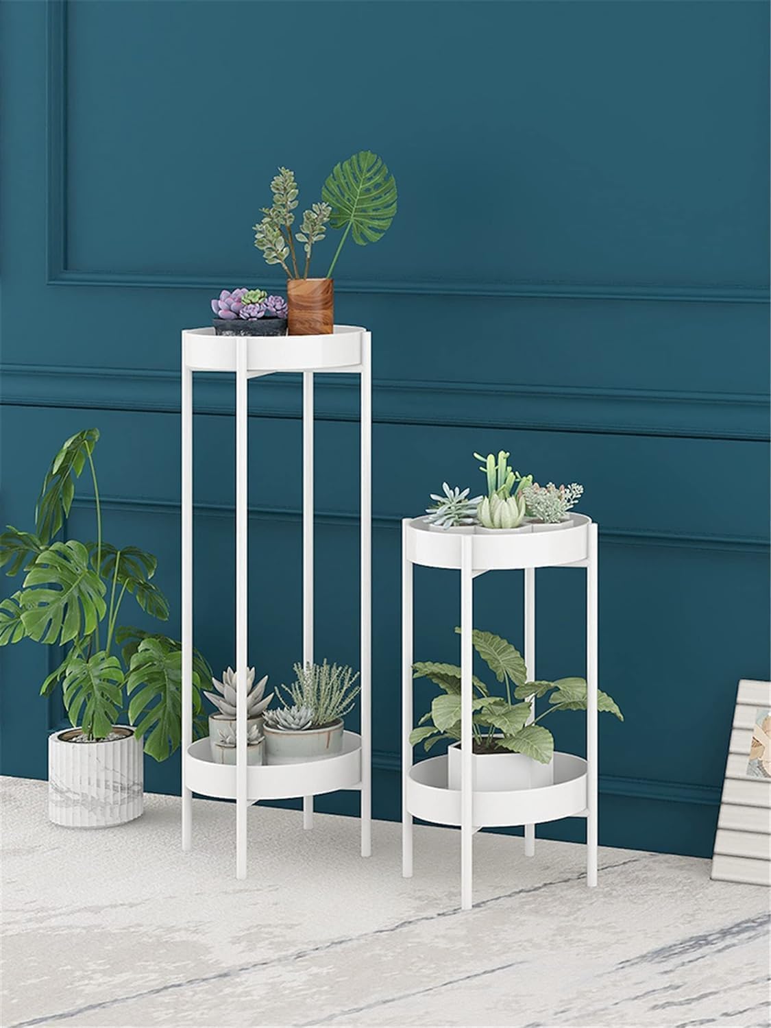 Mishy Wood Large Plant Stands Potted Holder, Outdoor Two-Tier Plant Display Rack, Double-Tray Garden Round Supports for Planter, Metal Plant Stand for Flower Pot (White, Pack Of 2) (B0DG8C2ZRT) Amazon Price History, Amazon Price Tracker