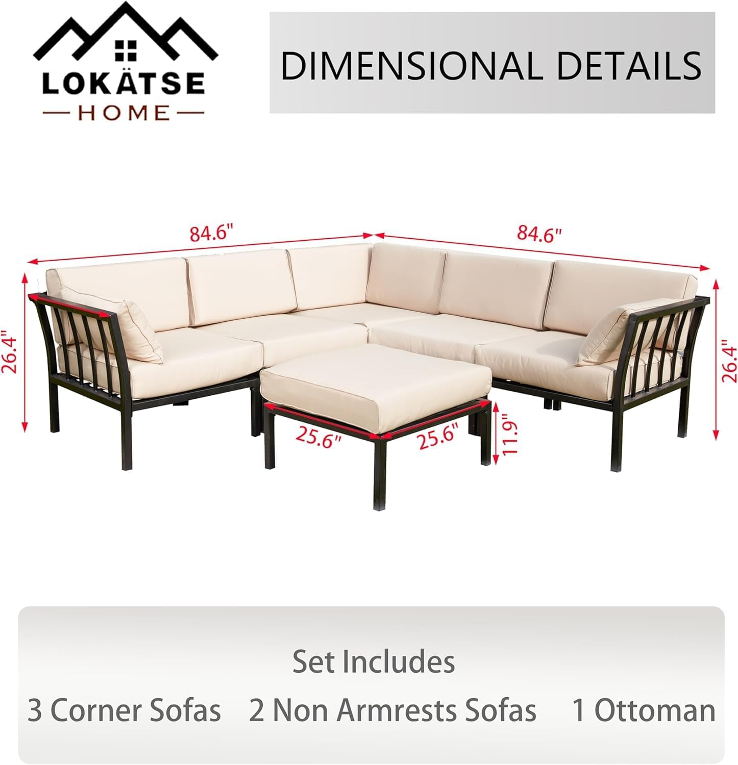 LOKATSE Home 2 Piece Corner & Armless Sofa Outdoor Furniture Sectional Couch Set Patio Loveseat