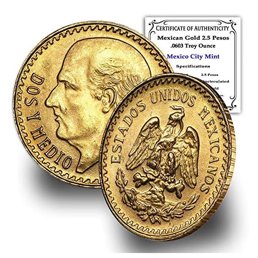 1918 MX - 1948 (Random Year) Mexican Gold 2.5 Pesos Coin .0603 Troy oz Brilliant Uncirculated with Certificate of Authenticity by CoinFolio - Moneda de oro 2.5 MX BU