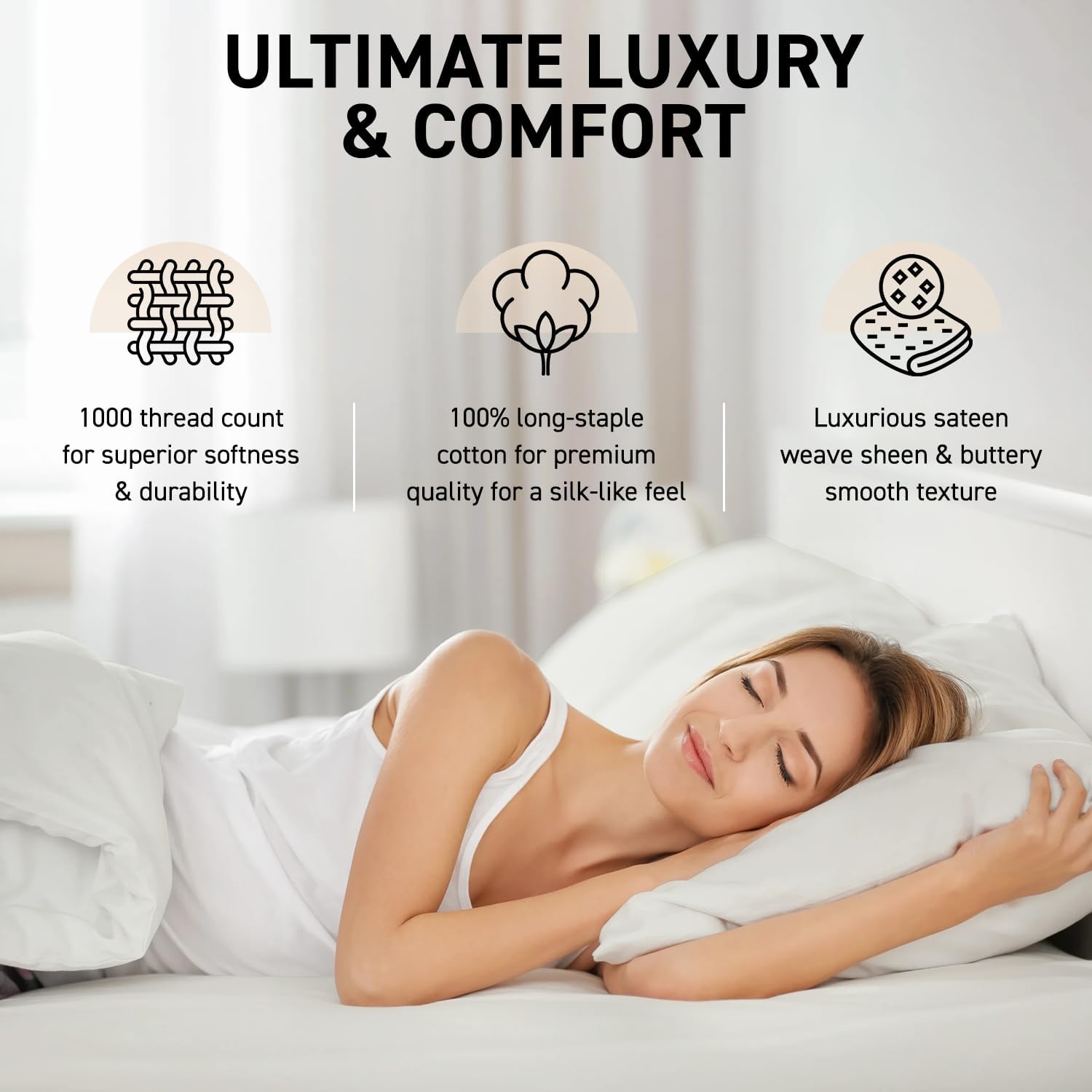 100% Egyptian Cotton Split King Sheet Set - 1000 Thread Count 7PC Cotton Sheets for Adjustable Bed, Silky Soft, Cooling Luxury Hotel Sheets - Fits Upto 16” Deep Pocket - White - Image 3