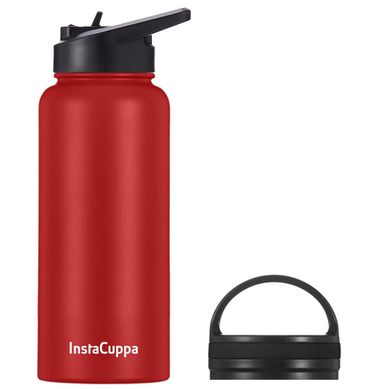 InstaCuppa Insulated Water Bottle 1000 mL, with Straw Lid & Wide Mouth Lid, Vacuum Insulated Stainless Steel | Retains Hot and Cold Temperatures, Red