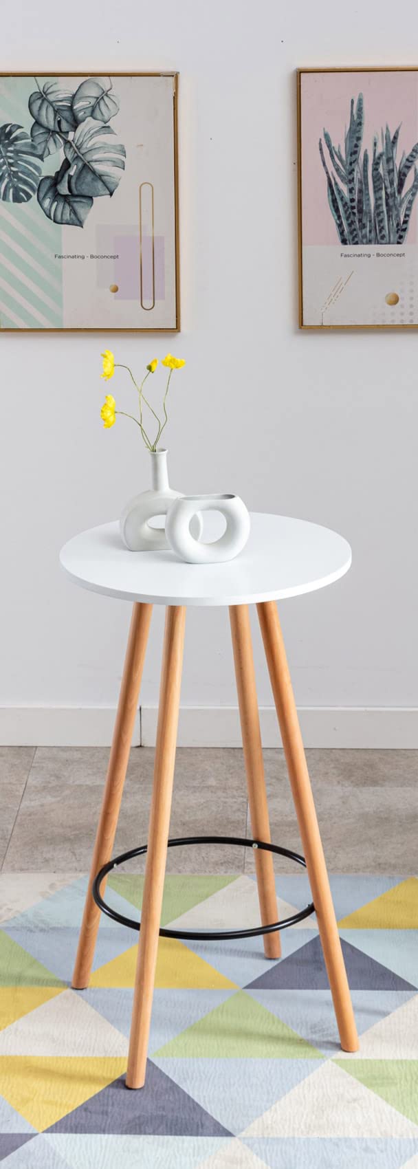CLP Tavolino alto Mijas rotondo I Stile Scandinavo I Tavolo Da Bistrò In Legno Con Poggiapiedi, Colore:bianco, Colore del telaio:natura (rotondo)