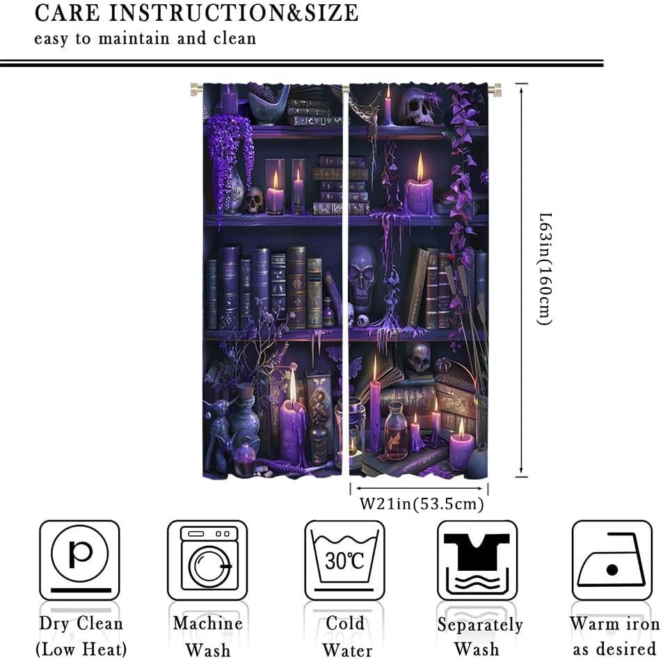 Brebasf Abstract Halloween Skull Bookshelf Blackout Curtains Rustic Purple Floral Gothic Antique Bookcase Blackout Curtains are The Gift for Family and Friends 2 Panels 63" L x 21" W