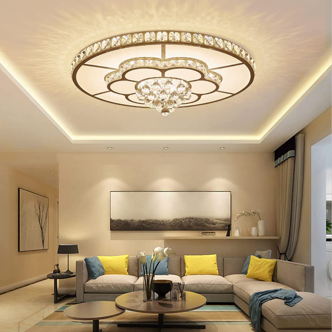 Lámpara de sala de estar de techo LED regulable Modern cristal Deco Lámpara colgante blanco Diseño de flores redonda Ø50cm iluminación de techo con mando a distancia para dormitorio Oficina Comedor