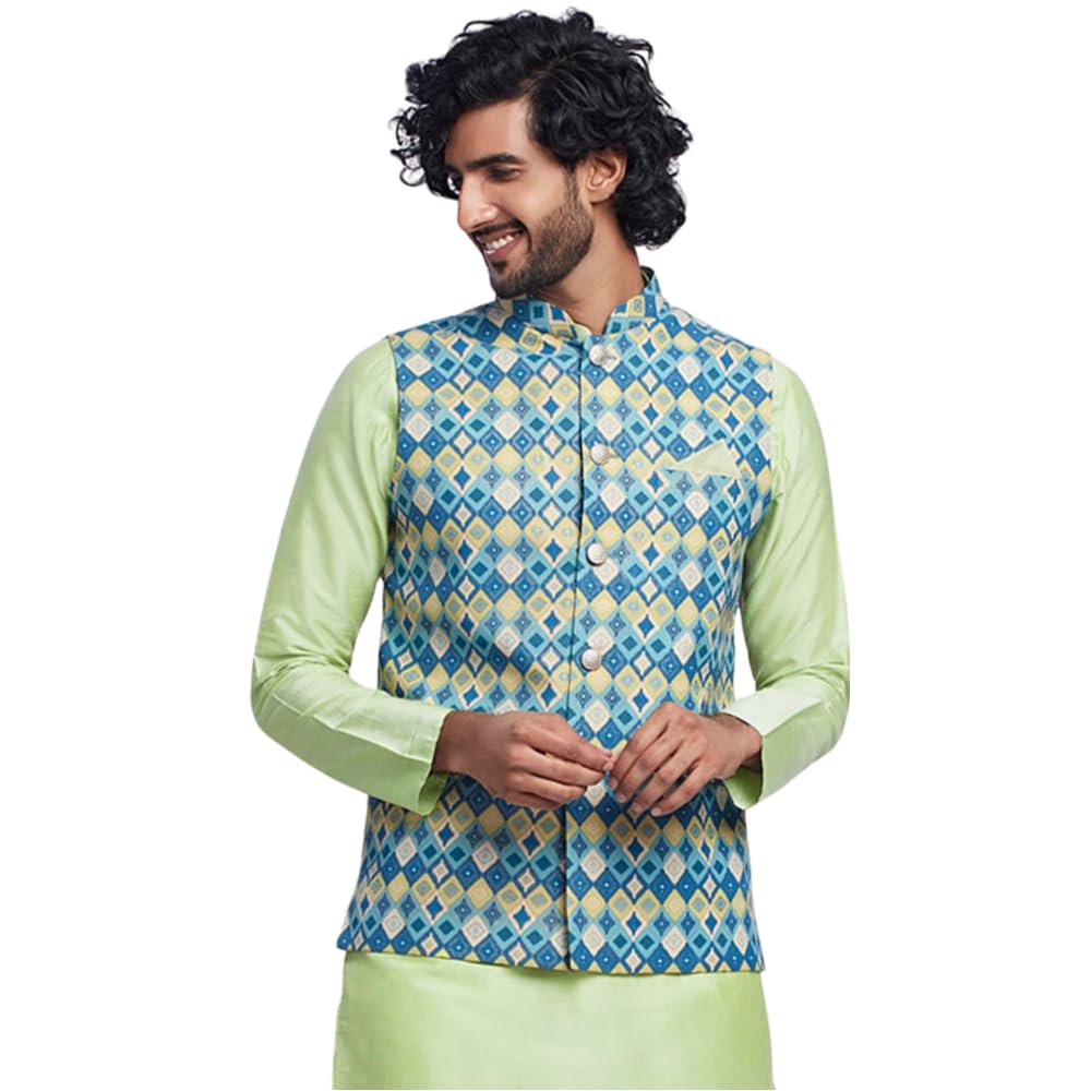 kisah Men's Nehru Jacket, Blue Pure Cotton, Woven Design Regular Fit Mandarin Collar Sleeveless-picture-38