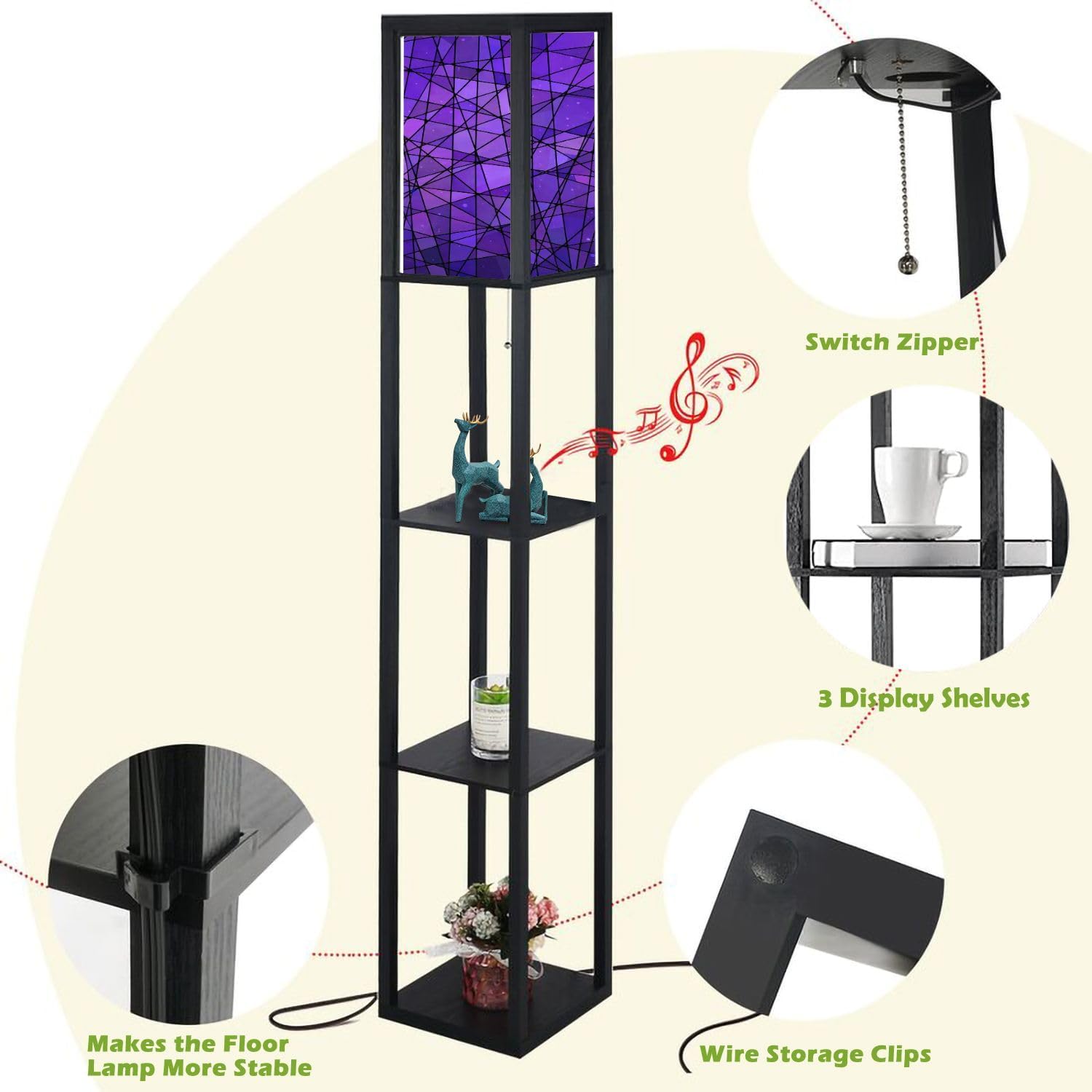 Abstract Stained Glass Mosaic Purple Violet Floor Lamp with Shelves USB Ports & Power Outlet Linen Fabric Shade Corner Standing Lamp for Living Room