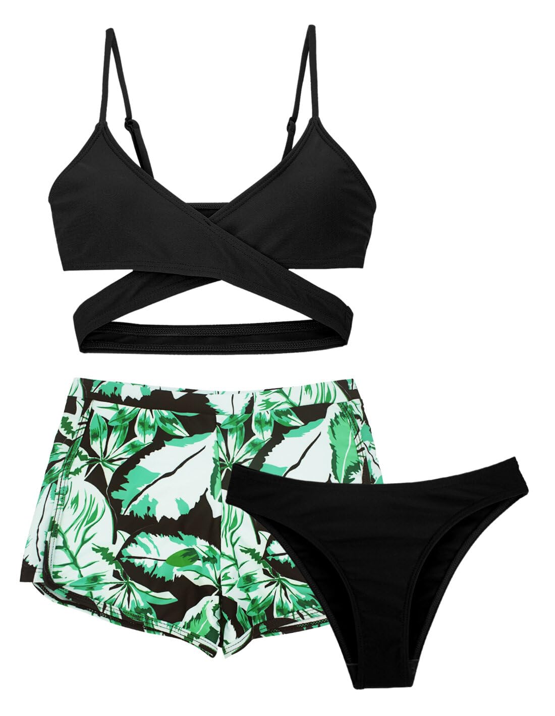 SEAUR Bikini da bambina con pantaloni, set da 3 pezzi, costume da bagno con stampa floreale, imbottito, bikini estivo, spiaggia, nuoto per 8-14 anni