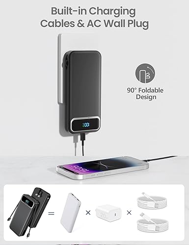 Miniatura 4 de 12000mAh Lightweight-Portable-Charger-Power-Bank with Built-in Cables and AC Wall Plug, PD20W USB-C Fast Charging Battery Pack, LED Display External