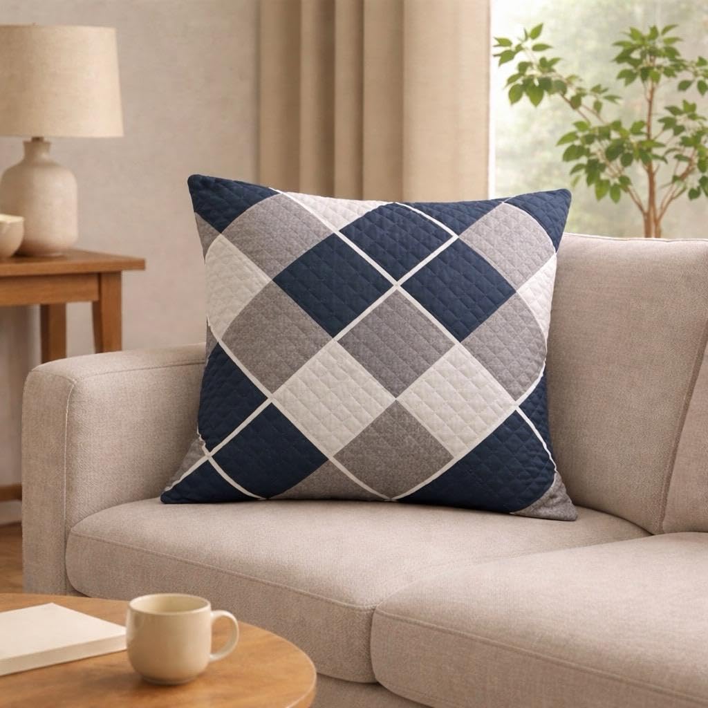 Premium Printed Quilted Cushion Cover 18X18 Inch – Set of 7 | Soft Plush Decorative Square Throw Pillow Covers with Velvet Back, Washable Cushion Covers for Sofa, Couch & Bed - [Bluish]
