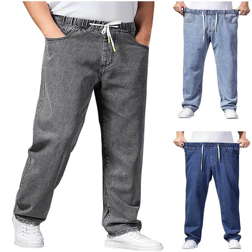 Genérico Pantalones Vaqueros de Talla Grande para Hombre, con Cintura elástica y cordón Ajustable. Estilo Jogger Holgado, Corte Recto y Deportivo.
