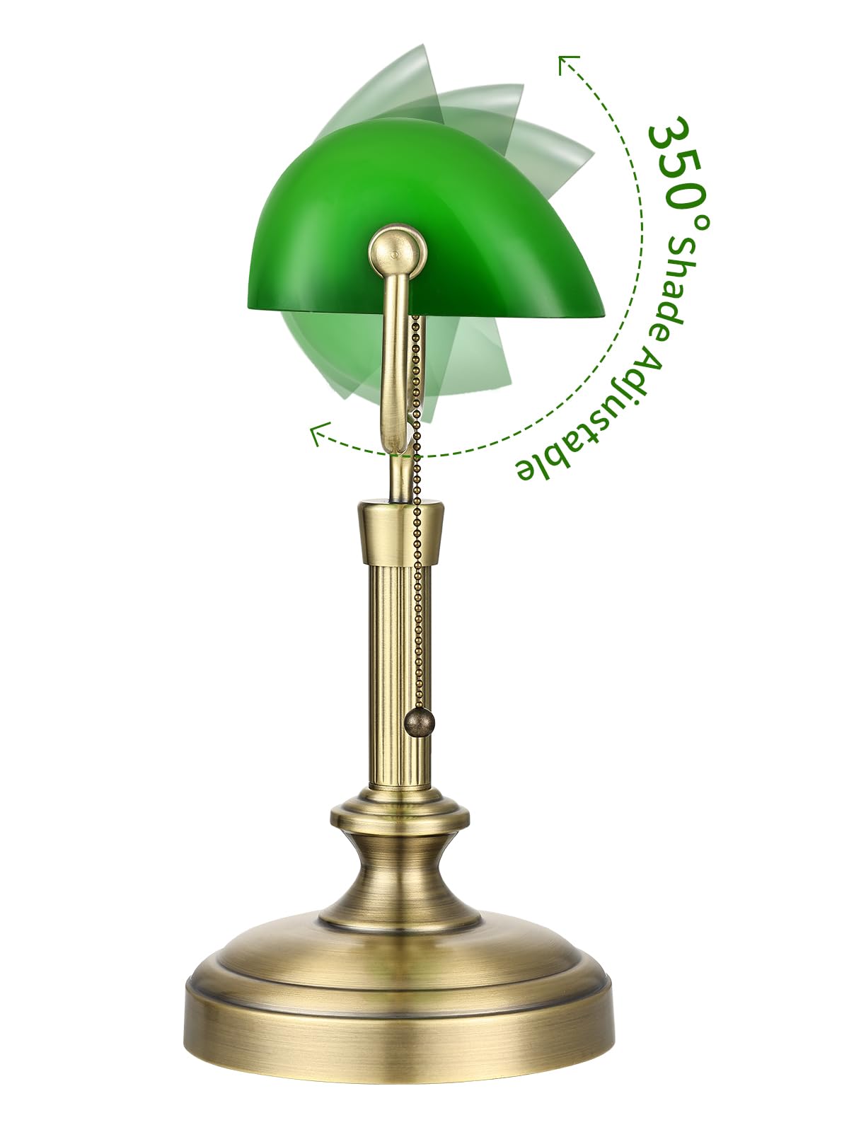Green Bankers Lampe de bureau, abat-jour en verre réglable, lampe vintage avec interrupteur à chaîne pour bureau à domicile, lampe piano, ampoule LED 6 W incluse (bronze antique + vert)