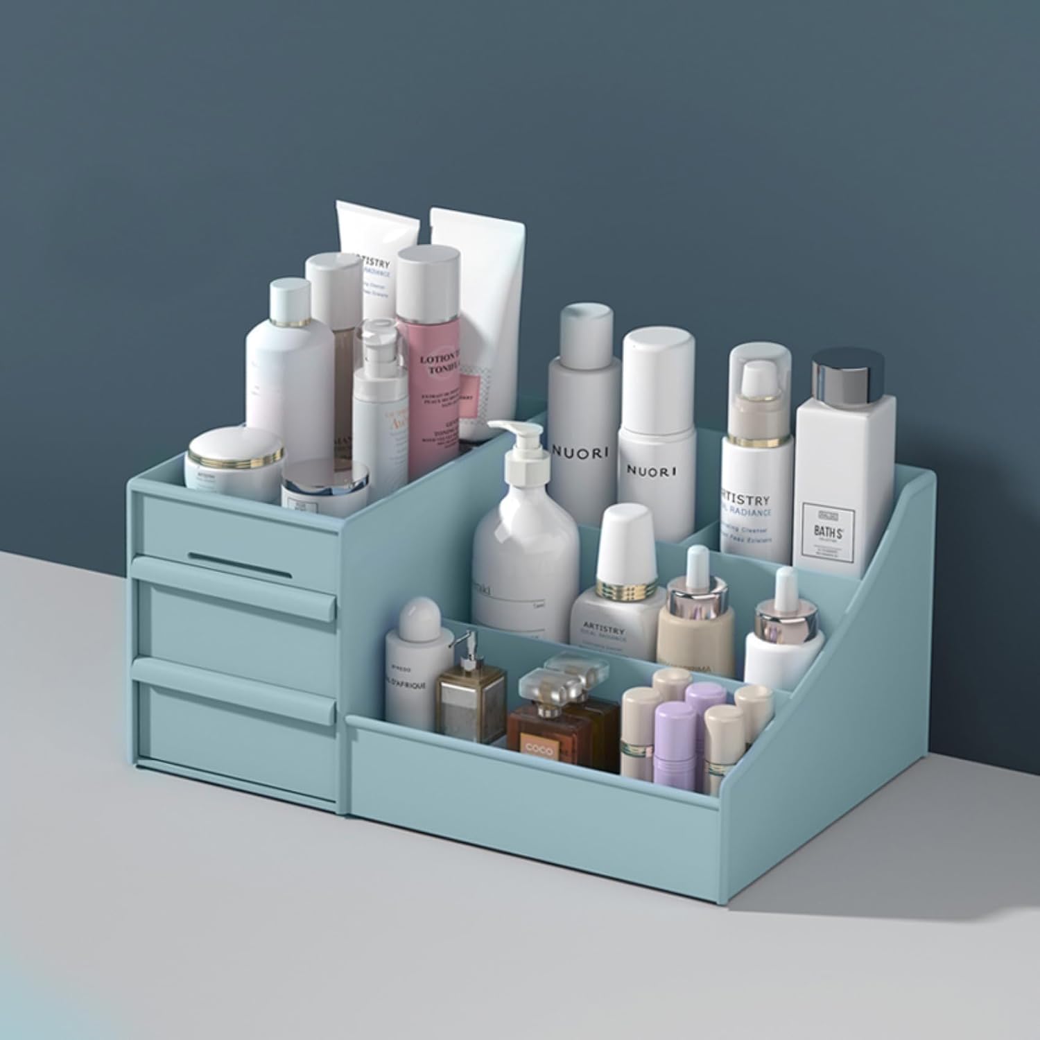 MOSHTU Multi Grid Plastic Desktop Storage Organizer Cosmetic Organizer with 2 Drawer Sundries Cosmetics Box Modern Countertop Storage for Dressing Table (10.6 x 6.3 x 4.5 inches) (Blue)-image-25