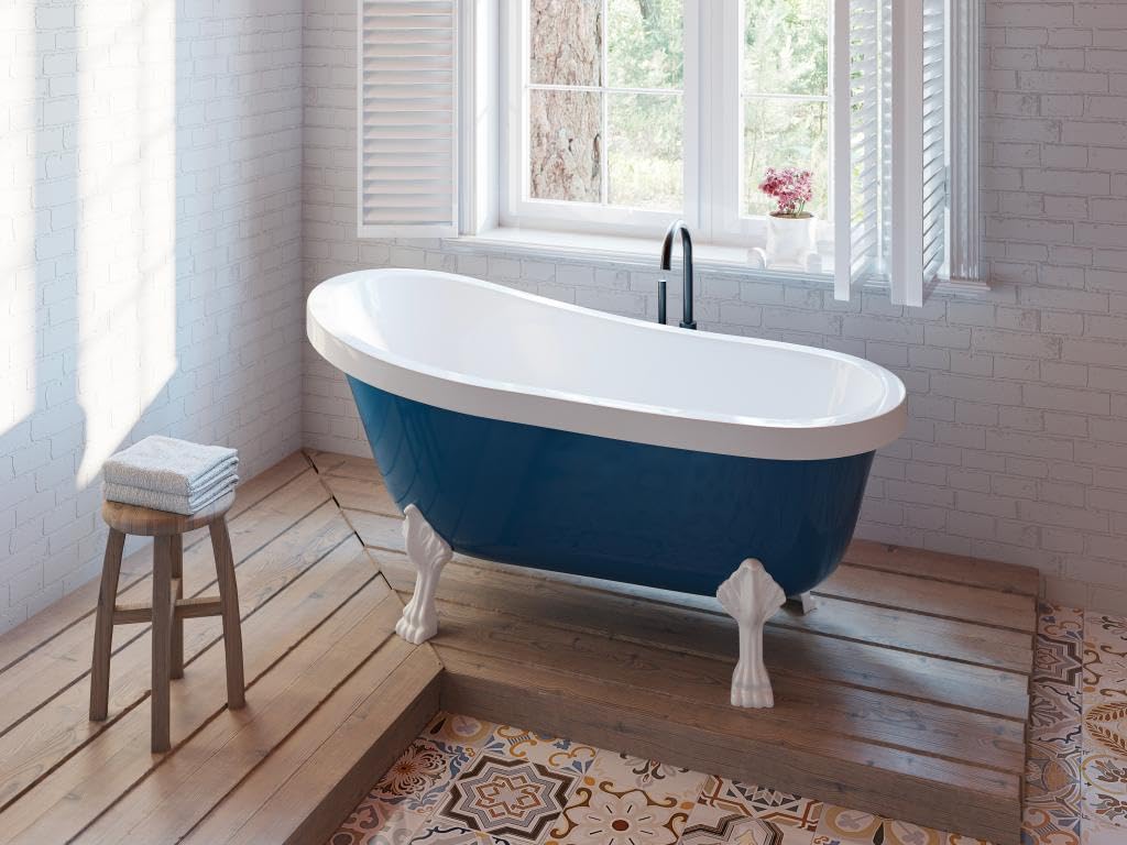 Vente-unique-Vasca da bagno freestanding retrò con piedini bianchi a forma di zampa di leone 200 litri 145 x 74 x 77 cm Blu - NISOS II