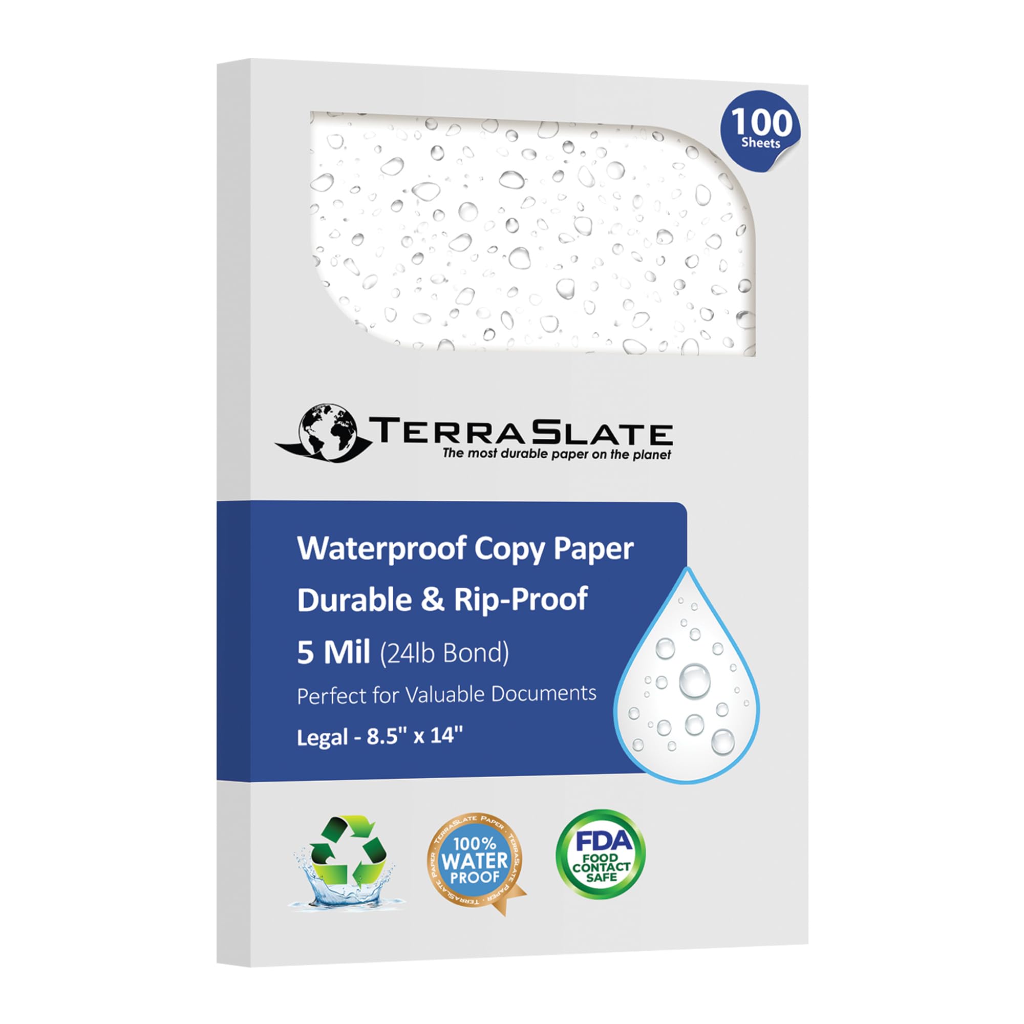 TerraSlate Waterproof Rip-Proof Paper, 5 MIL 8.5" x 14", Legal Size, White,100 Sheets I Rain/Weather/Rip-Proof Printing, Laser Printer and Laser