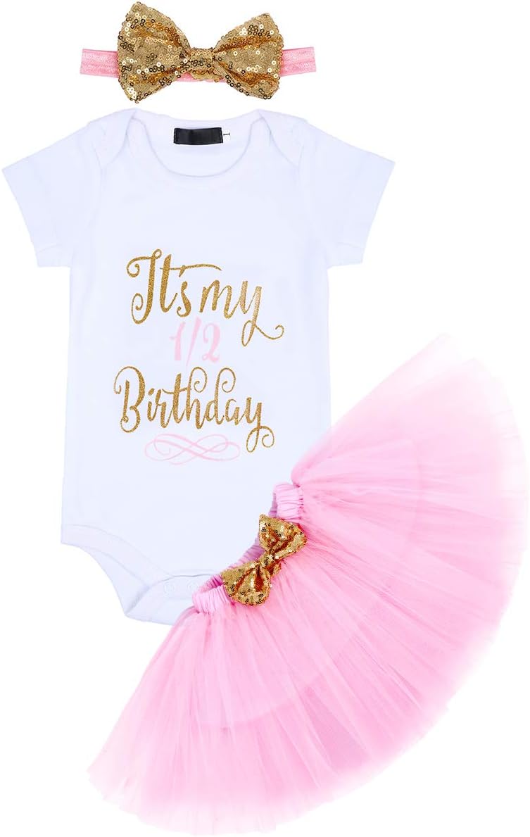 OwlFay Baby Girls Itโs My Half First 1st 2nd Birthday Cake Smash Outfits Romper + Tutu Skirt + Bowknot Headband Sequins Princess Party Dress Photography Photo Shot Props Toddler Clothes Set