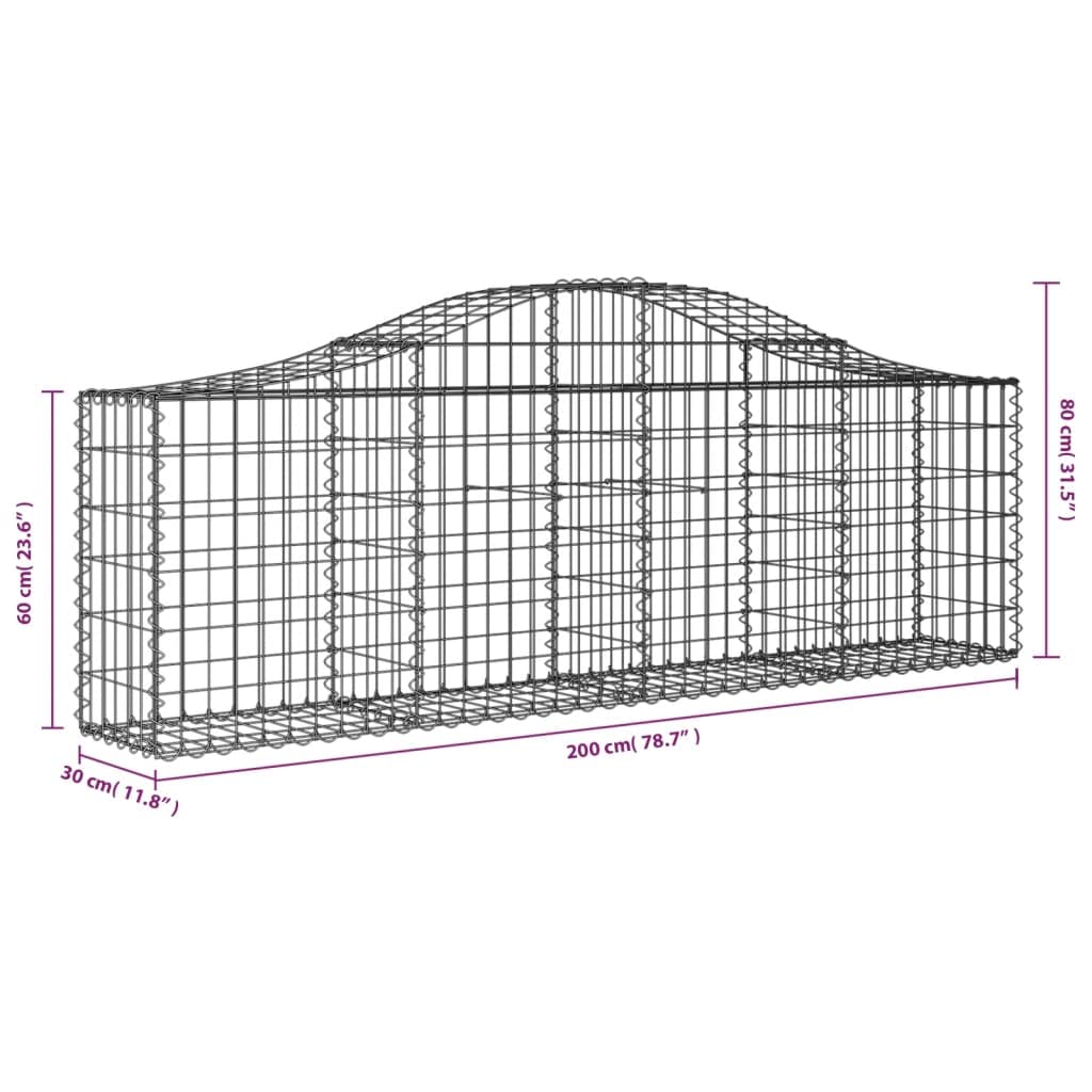 Kosze gabionowe łukowe 8 sztuk 200 x 30 x 60 / 80 cm z ocynkowanego żelaza, dźwiękochłonne dekoracyjne bariery ogrodowe ze wzmocnionymi haczykami i oczkami 5 x 10 cm