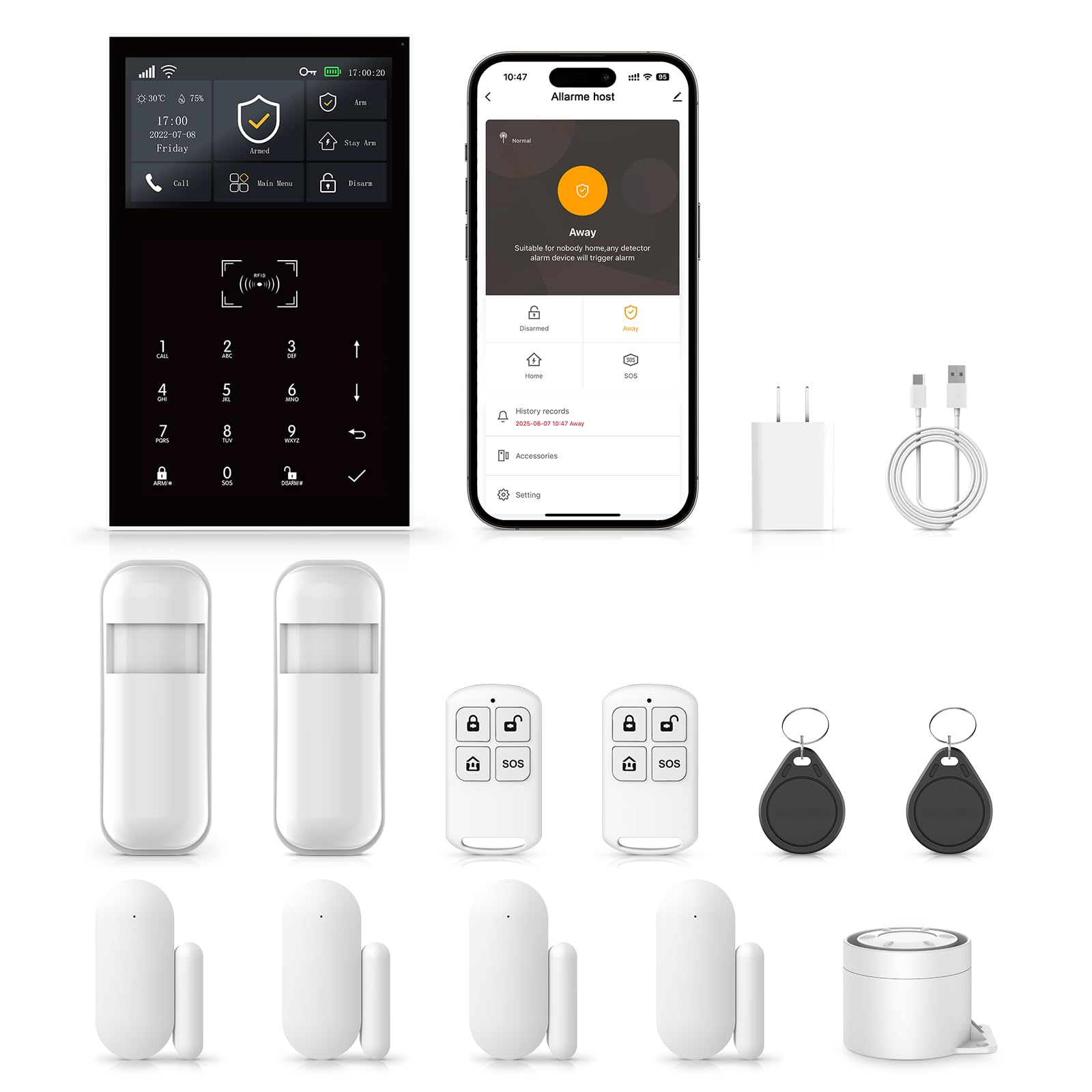 GSM + WLAN Alarmanlage Haus, Smart Komplettsysteme mit APP, 120dB Sirene, 12 Stück: Tür- und Fenstersensoren, Bewegungsmeldern, Fernbedienung, Funktioniert mit Alexa