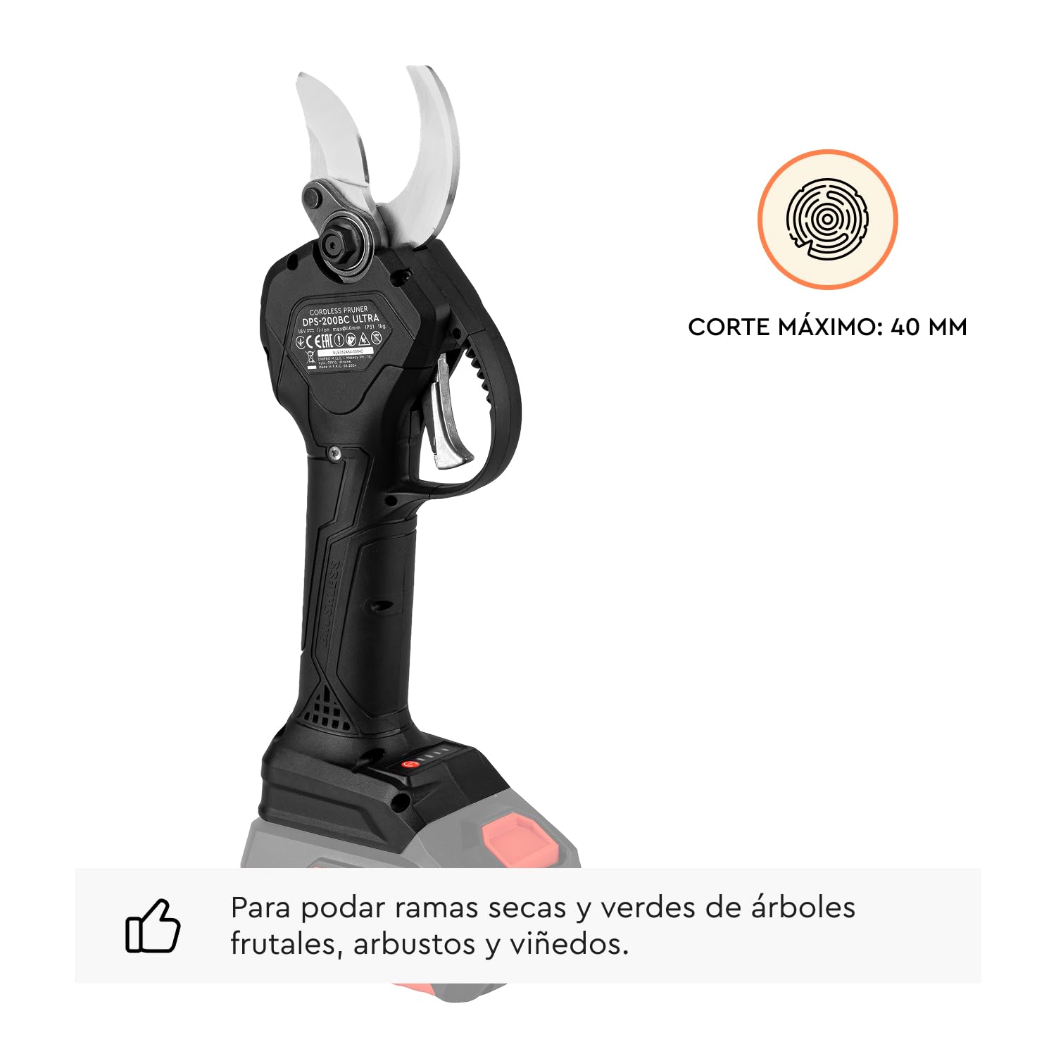 Tijeras de Podar a Batería 20V Sin Escobillas, Corte 45mm, Acero SK5, 2000 Cortes/Carga - DPS-200BC ULTRA + Batería 4.0Ah + Cargador