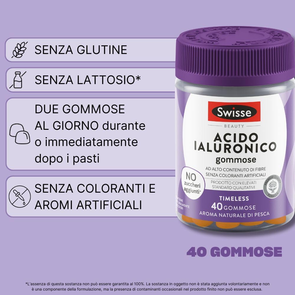 SWISSE Beauty - Acido Ialuronico Gummies, Integratori Donna e Uomo, 40 Pastiglie Gommose, Integratore Alimentare, Gusto Pesca, Adatto per Alimentazione Vegana
