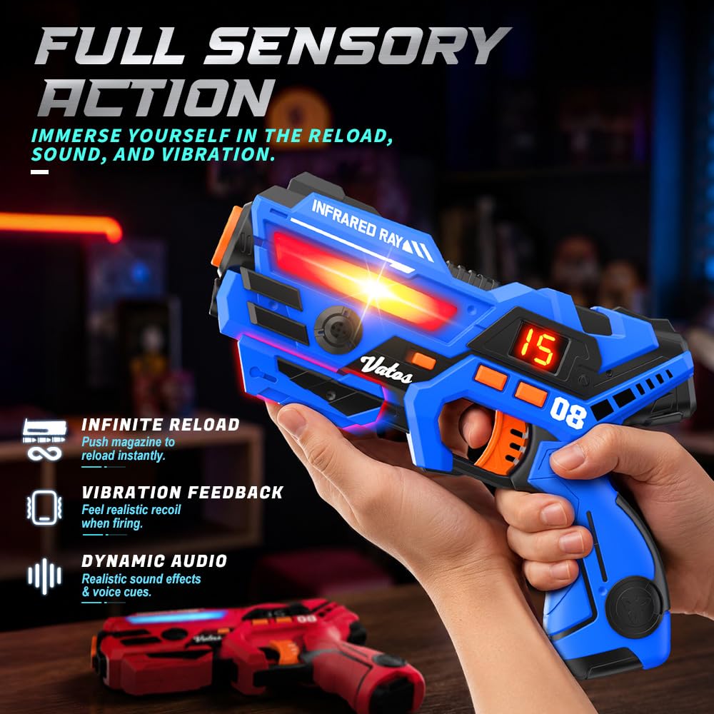 VATOS Set Laser Tag Ricaricabile 2 Pezzi, Giocattoli Pistola Laser con Schermo LED, Raggio 40 m per Interni ed Esterni - Gioco per Ragazzi e Famiglia, Regalo di Compleanno e Vacanza per Bambini 6+