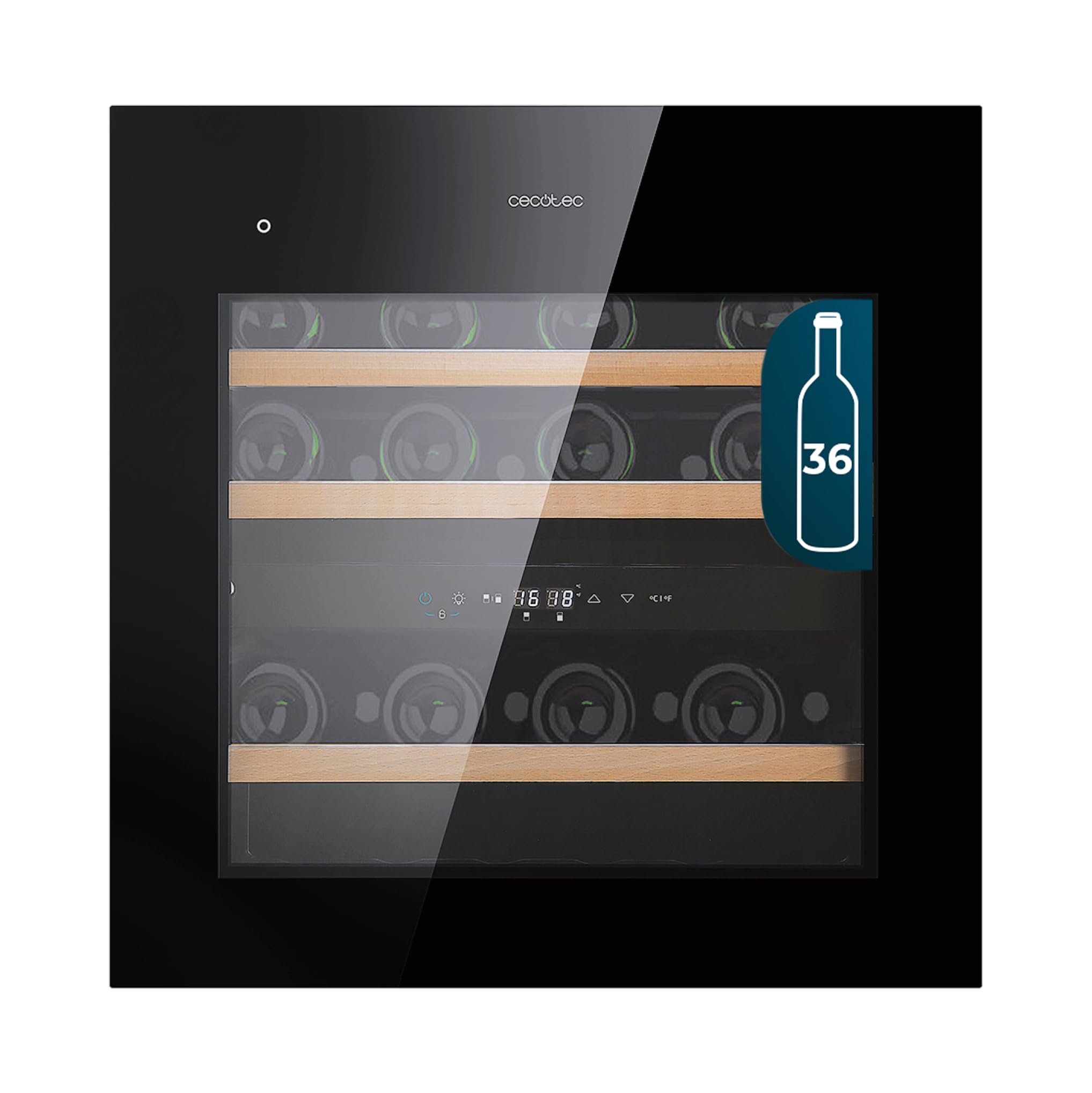 Cecotec GrandSommelier Duo 36000 Touch Black Compressor lodówka do napojów z kompresorem - 36 butelek z możliwością zabudowy. Czarne szkło, czujnik dotykowy, podwójna strefa temperatury, wyświetlacz