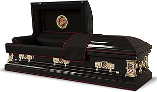 Titan Casket Veteran Select Steel Casket (Marines) Handcrafted Funeral Casket - Black with Black, Red-Lined Interior & Marines Head Panel