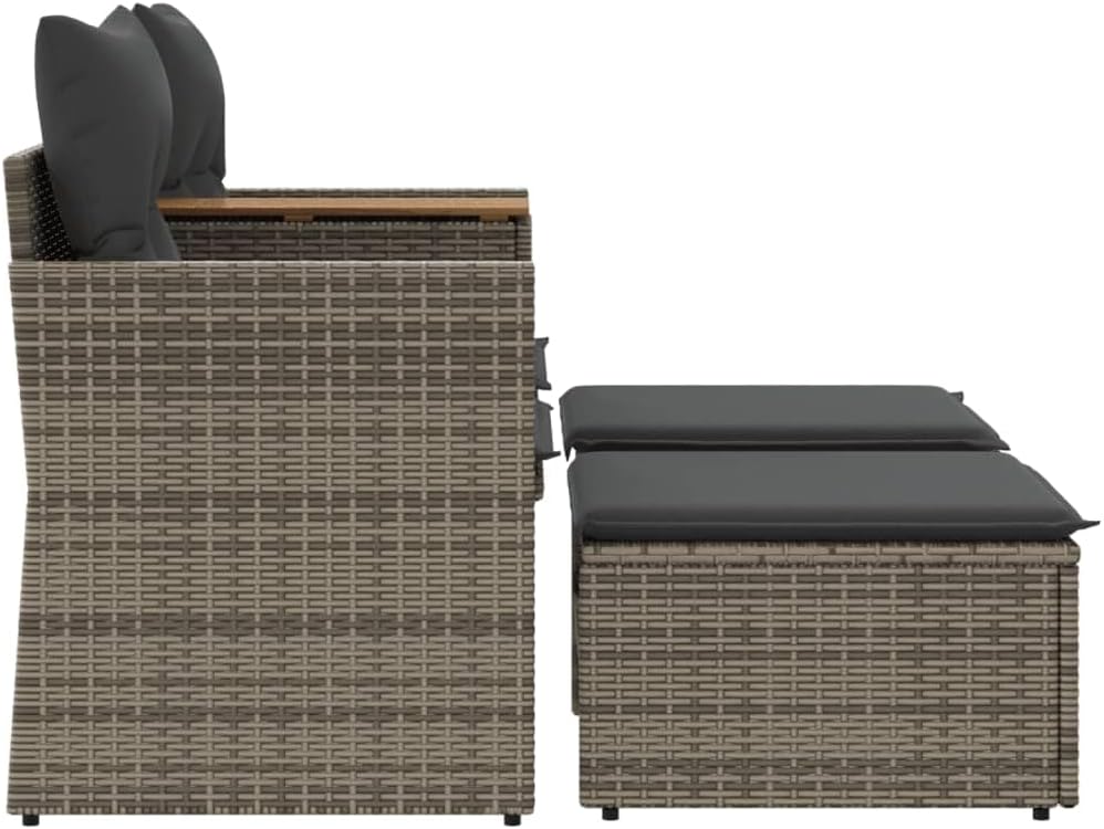 Garden Sofa Grey PE Rattan 2-Seater, Adjustable Feet Outdoor Lounge Set, Powder-Coated Steel Frame Patio Furniture for Balcony Patio Chair