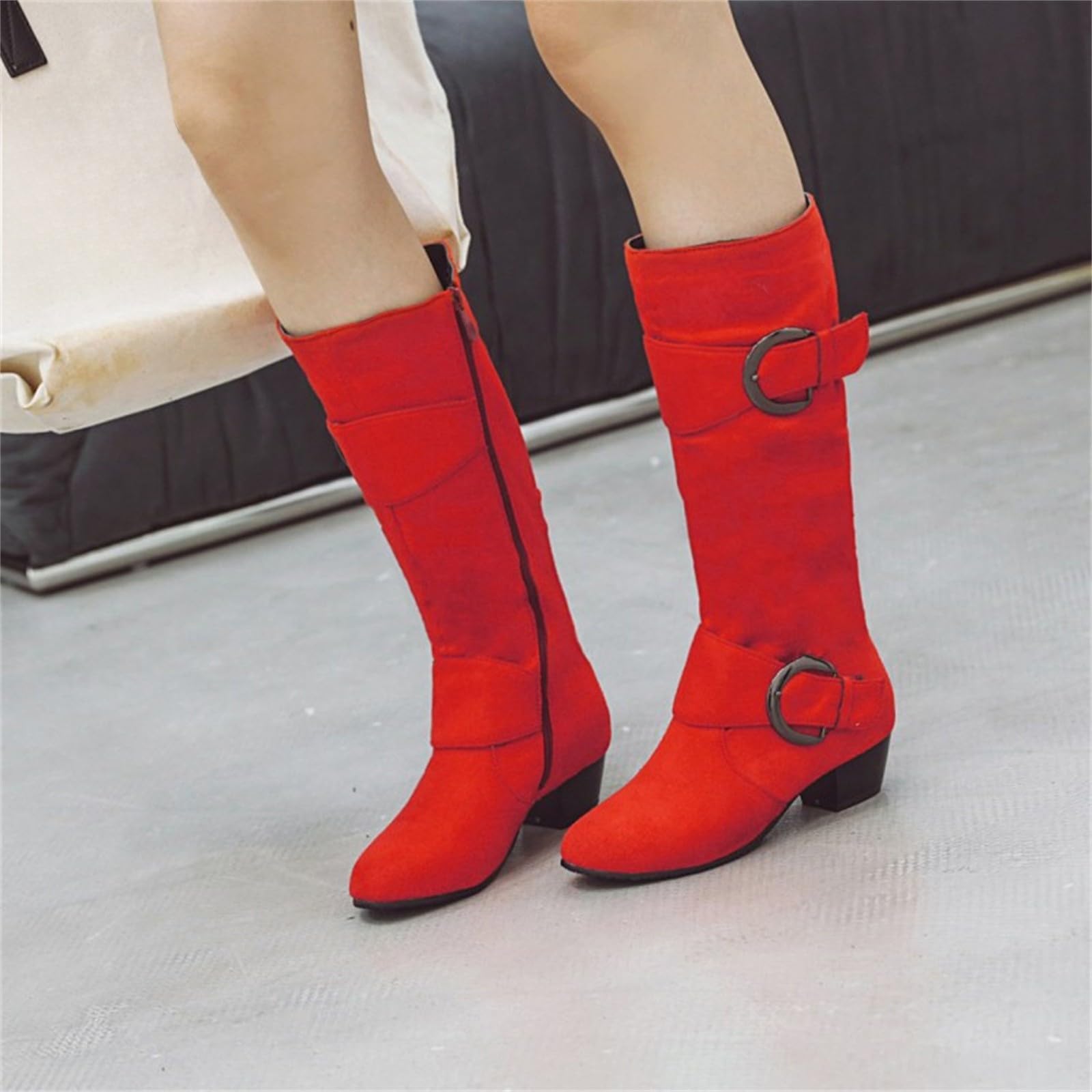 Botas de vaquero para mujer, de ante alto, hasta la rodilla, con tacón de bloque, botas largas con cremallera lateral, botas puntiagudas del oeste con hebilla, rojo, 38 EU