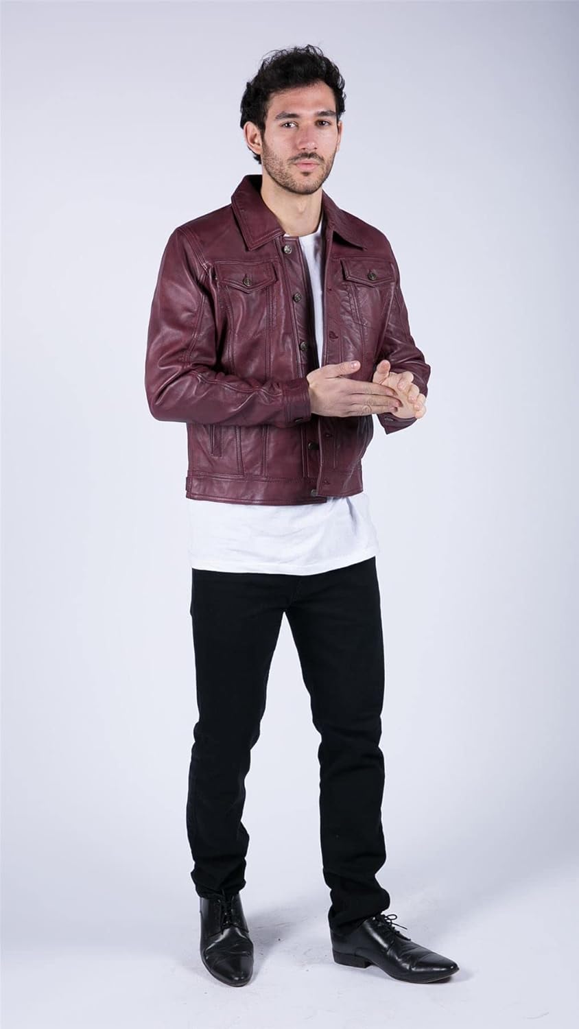 TruClothing Mens Real Leather Shirt Jacket Burgundy Wine Retro Jeans Style Brando Classic
