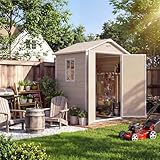 Natural Wood Color, Plastic Outdoor Storage Shed with Floor & Window, 6X4 ft Resin Garden Shed for Patio, Lawn Mower, Bike & Tool, Outdoor Storage with Lockable Door & 2 Vents & Sloped Roof