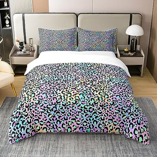 100% Cotton Purple Leopard Print Duvet Cover for Women Rainbow Cheetah Bedding Set Double, Psychedelic Galaxy Comforter Cover