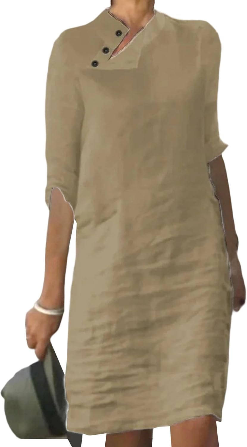 Women's Half Sleeve Midi Dress Casual Loose Stand Collar Button Solid Lightweight Long Dresses