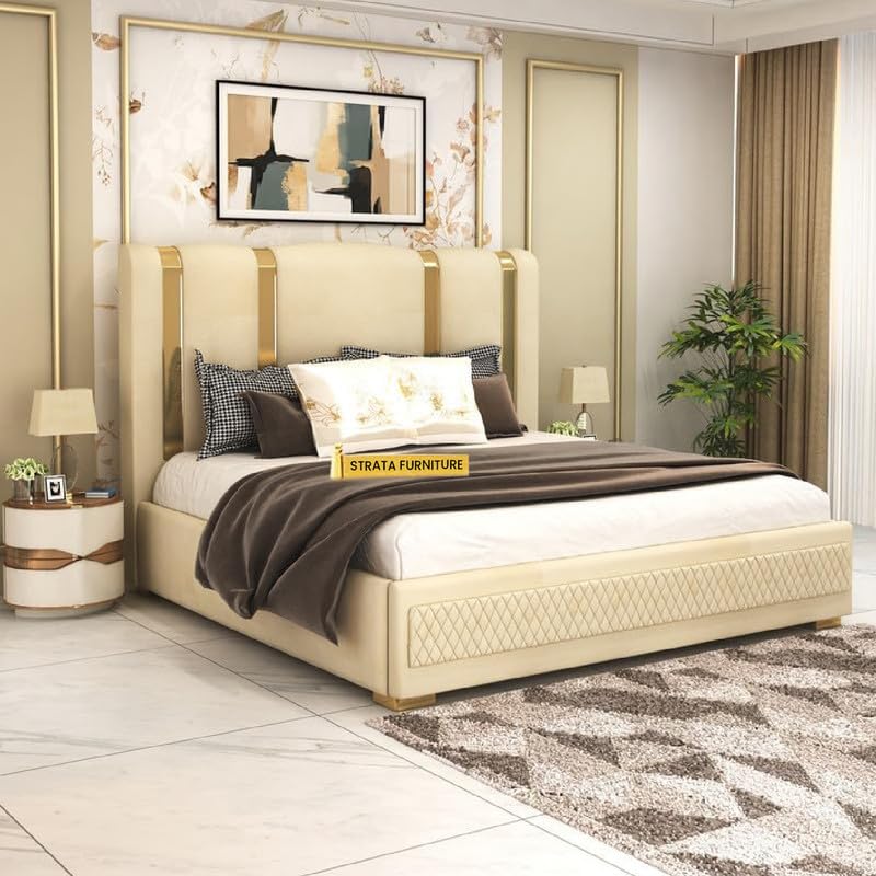 STRATA FURNITURE Solid Wood King Size Bed with Box Storage and Upholstered Headboard | Modern Wooden Double Bed Cot Palang Furniture for Bedroom, Hotels, Living Room, and Home (Beige) STRATA FURNITURE Solid Wood King Size Bed with Box Storage and Upholstered Headboard | Modern Wooden Double Bed Cot Palang Furniture for Bedroom, Hotels, Living Room, and Home (Beige)