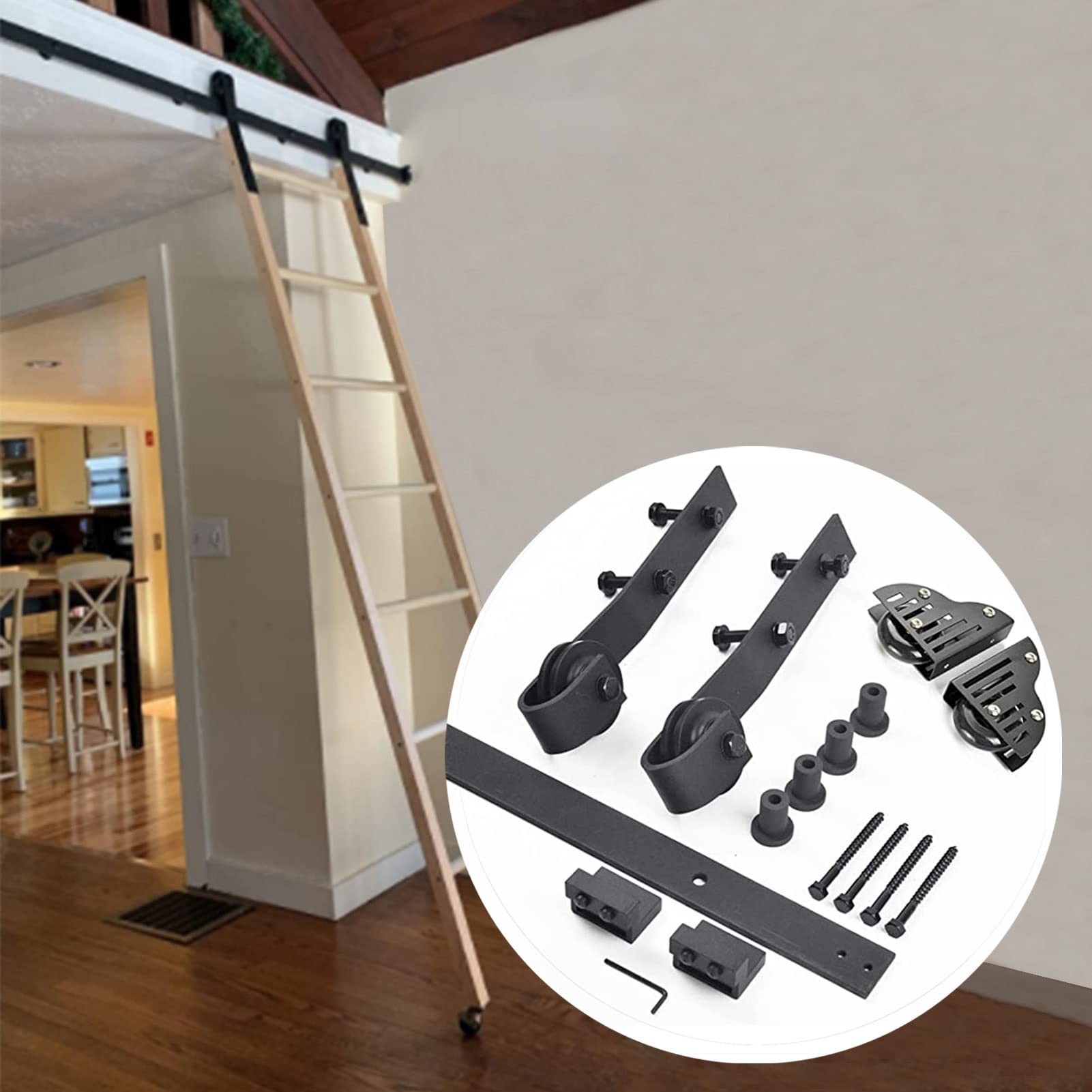 DFGHNBVC Sliding Ladder Kit With Floor Roller Wheels 5Ft-13Ft Rolling Ladder Sliding Track Hardware For Warehouse Bar Closet