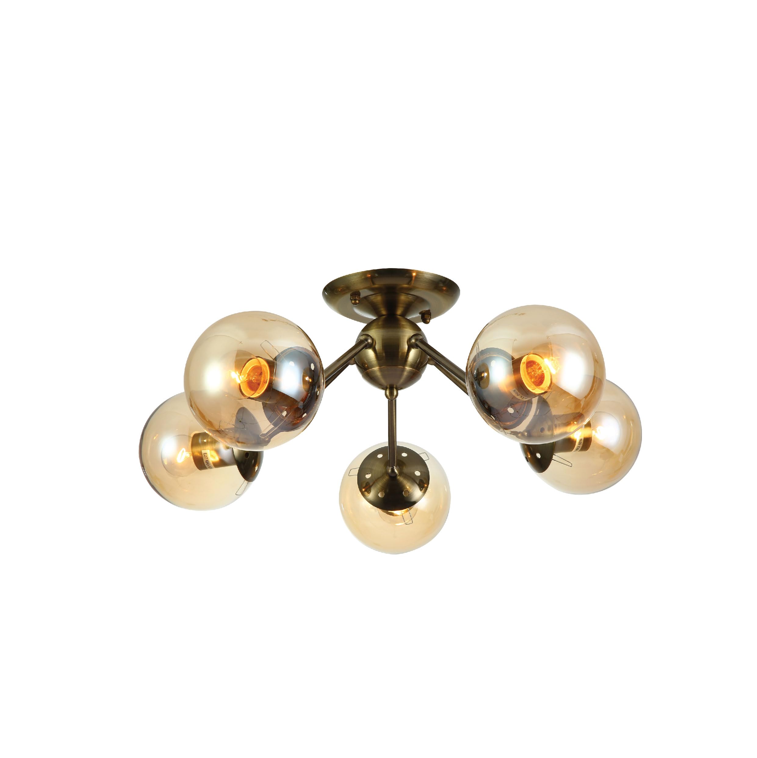 Tekled Antique Brass, Amber Atomic Elegance Brass & Amber Globe Ceiling Light | E27 Bulb Base | Industrial-Modern Blend Semi-Flush Mount Light Fixture | For Living Rooms Dining Halls Hallways | 5 Globe (Bulb Not Included)