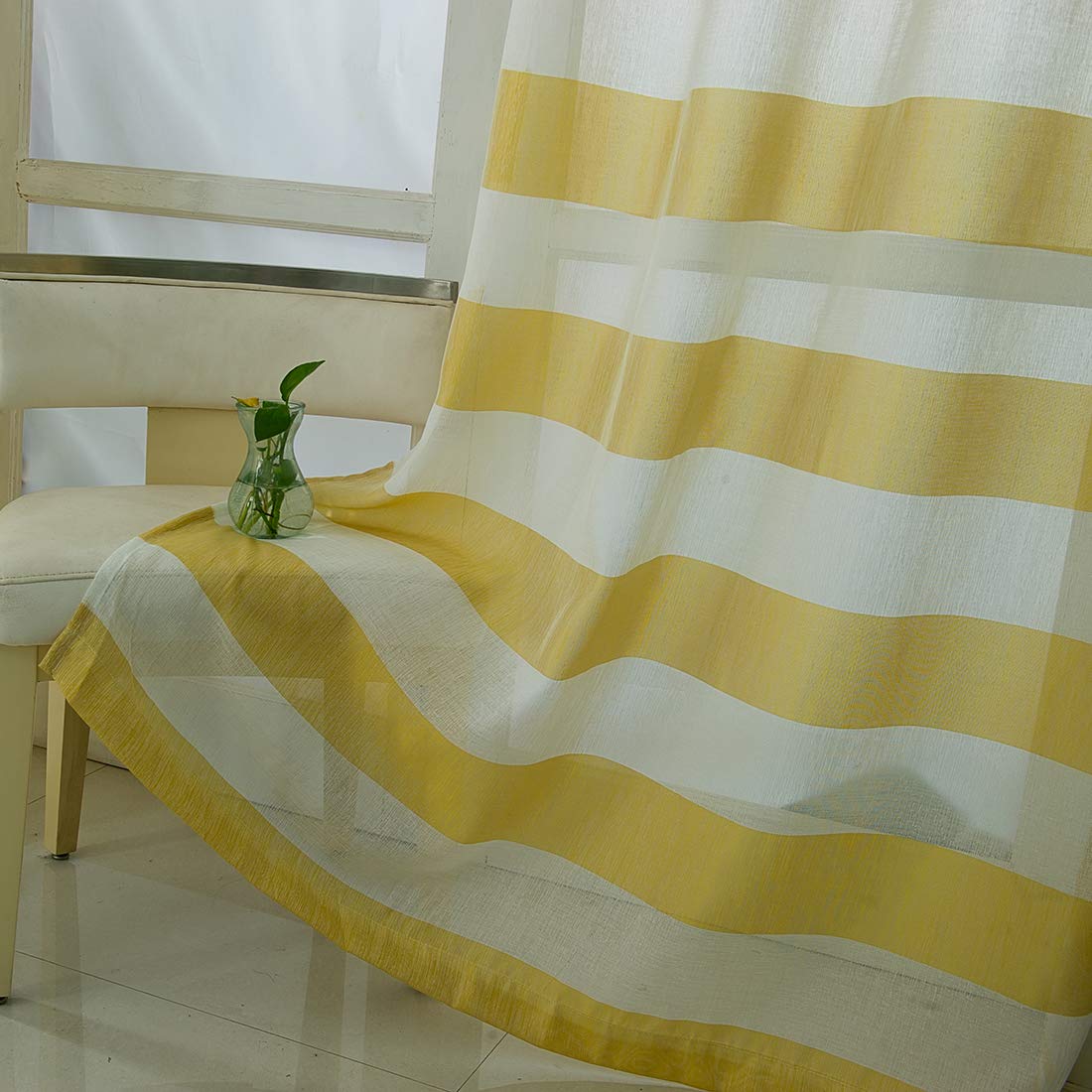 Amazon｜vctops イエローとホワイト ストライプ ウィンドウカーテン